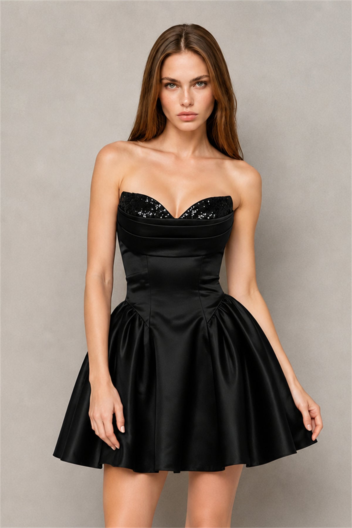 BOLODOO Black Satin Sequin Sweetheart Strapless Corset Lace-Up Back A-Line Mini Dress | Prom Cocktail Homecoming Dress - Black