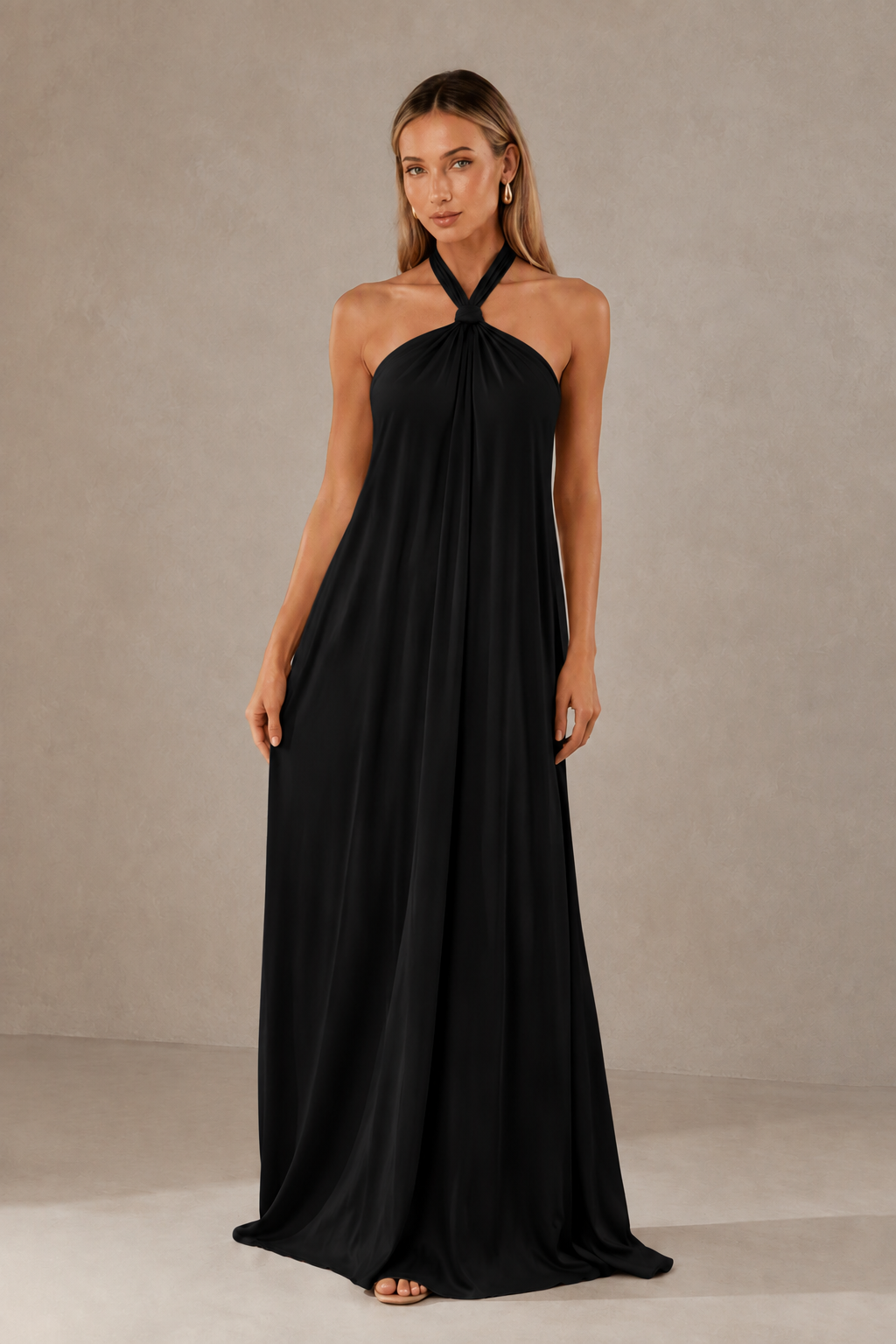 BOLODOO Black Backless Halter Satin Bridesmaid Dress - Black