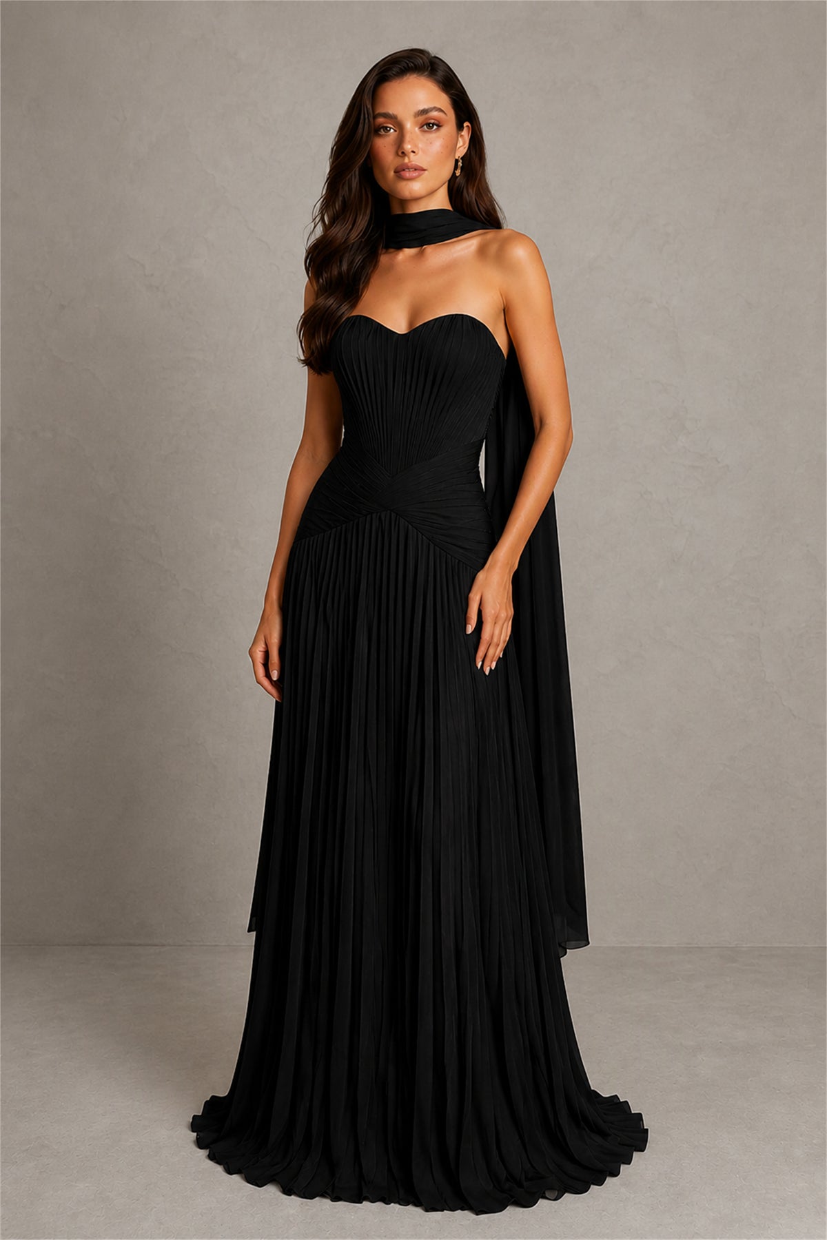 BOLODOO Black Sweetheart Strapless Neck Scarf Pleated Backless A-Line Chiffon Maxi Dress - Black