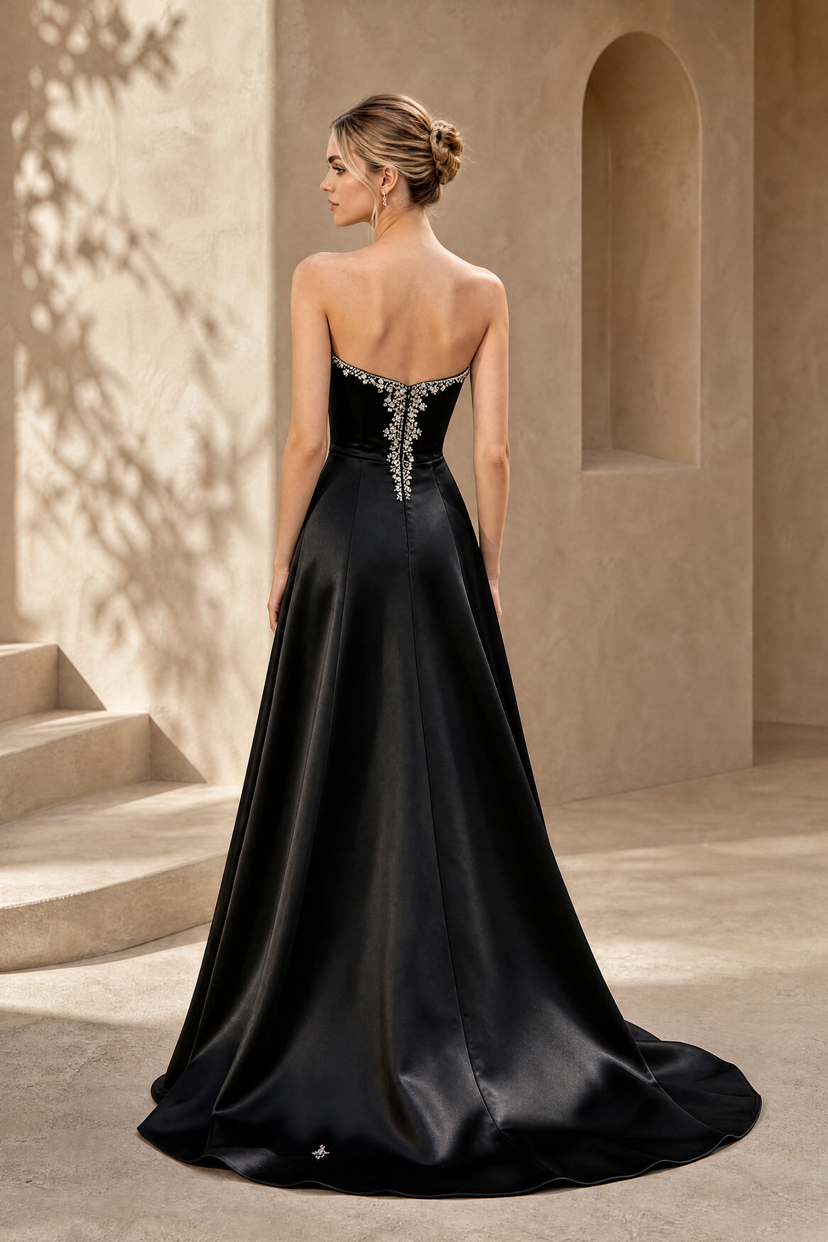 BOLODOO Black Strapless Sweetheart Beaded Satin A-Line Wedding Dress with Train - Black