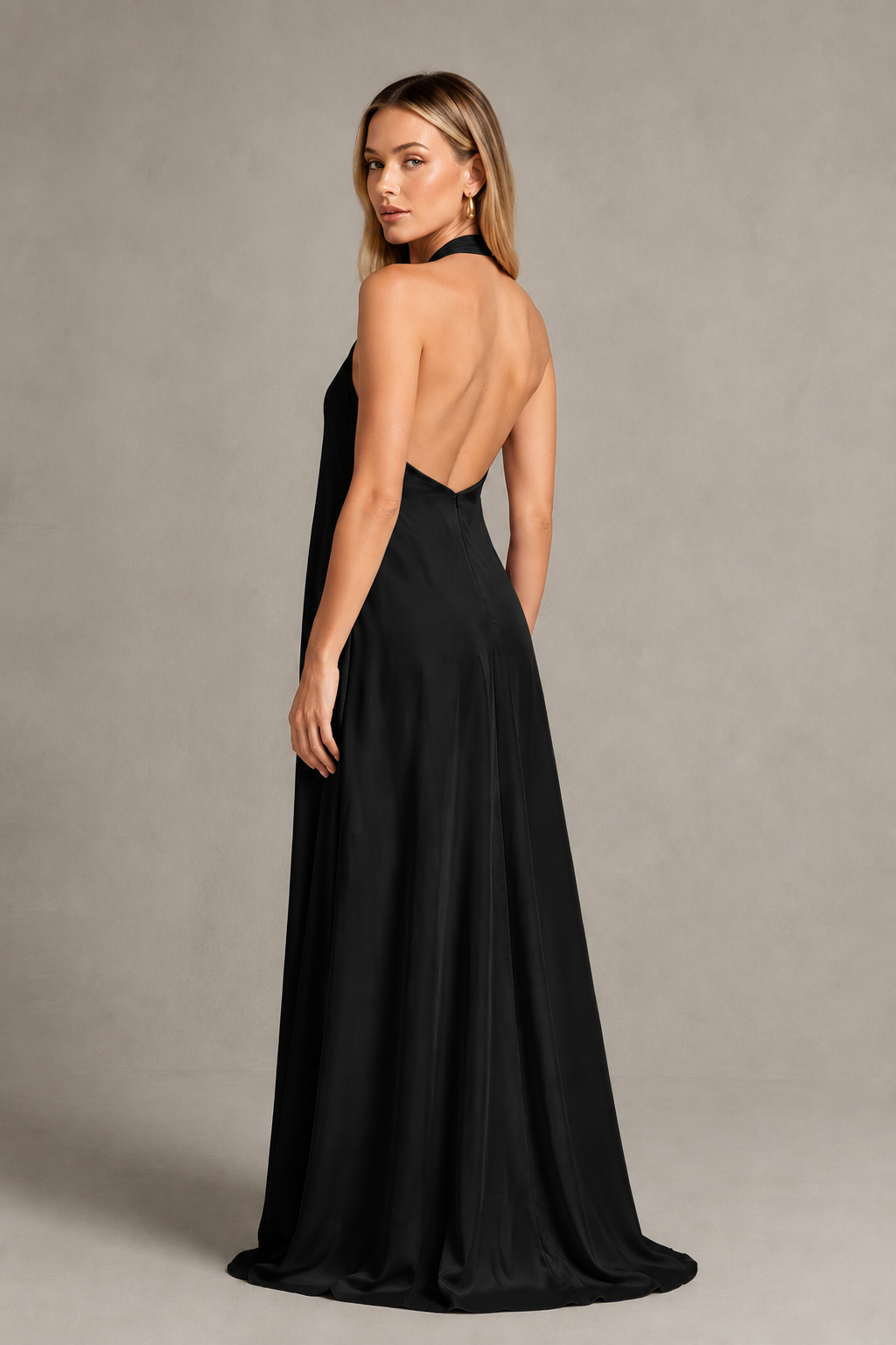 BOLODOO Black Backless Halter Satin Bridesmaid Dress - Black