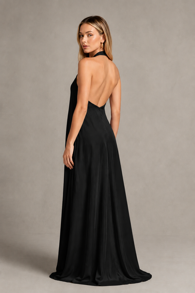 BOLODOO Black Backless Halter Satin Bridesmaid Dress - Black