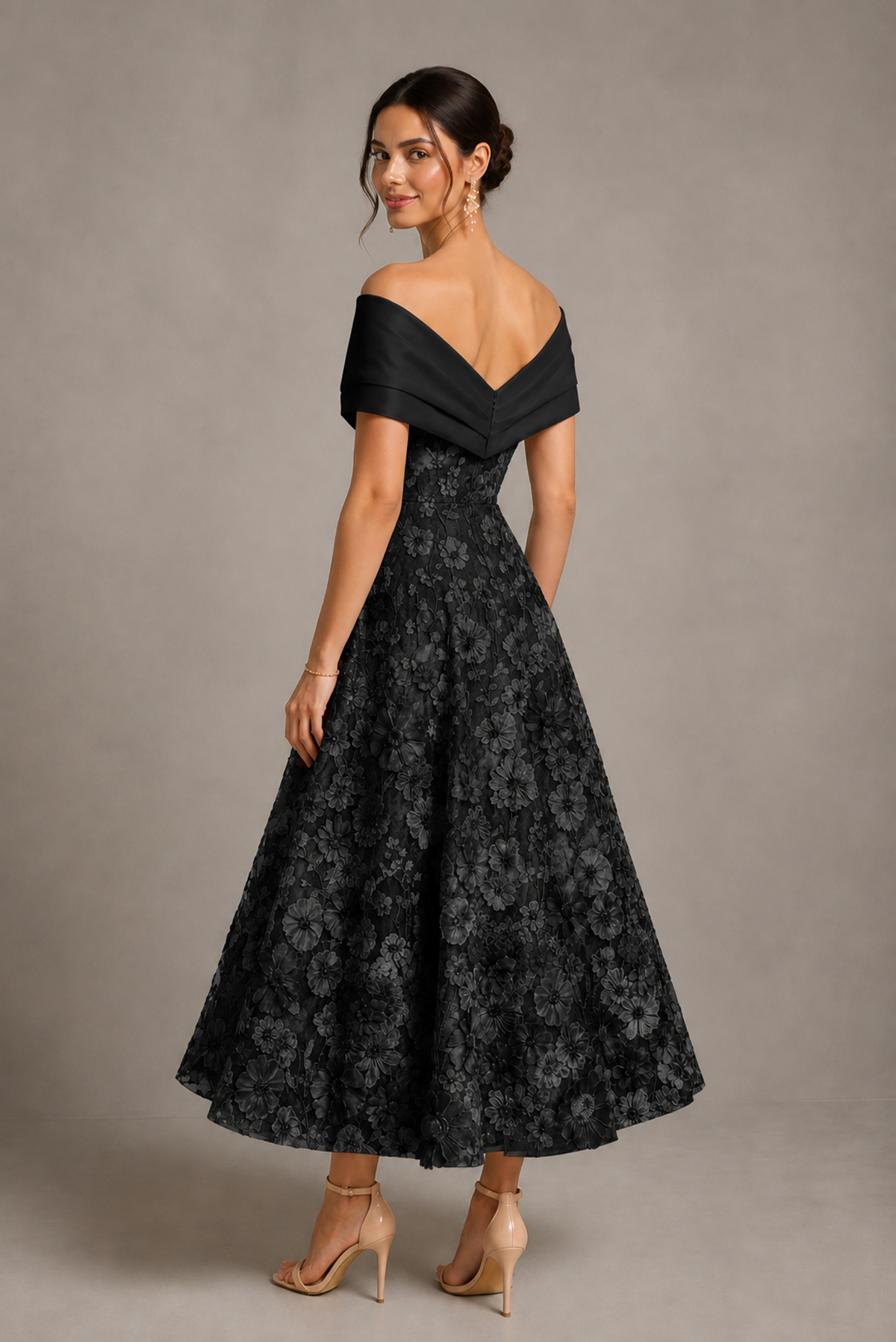 Black Off-Shoulder Satin & 3D Floral Embroidered Tulle Tea Length A-Line Dress - Black