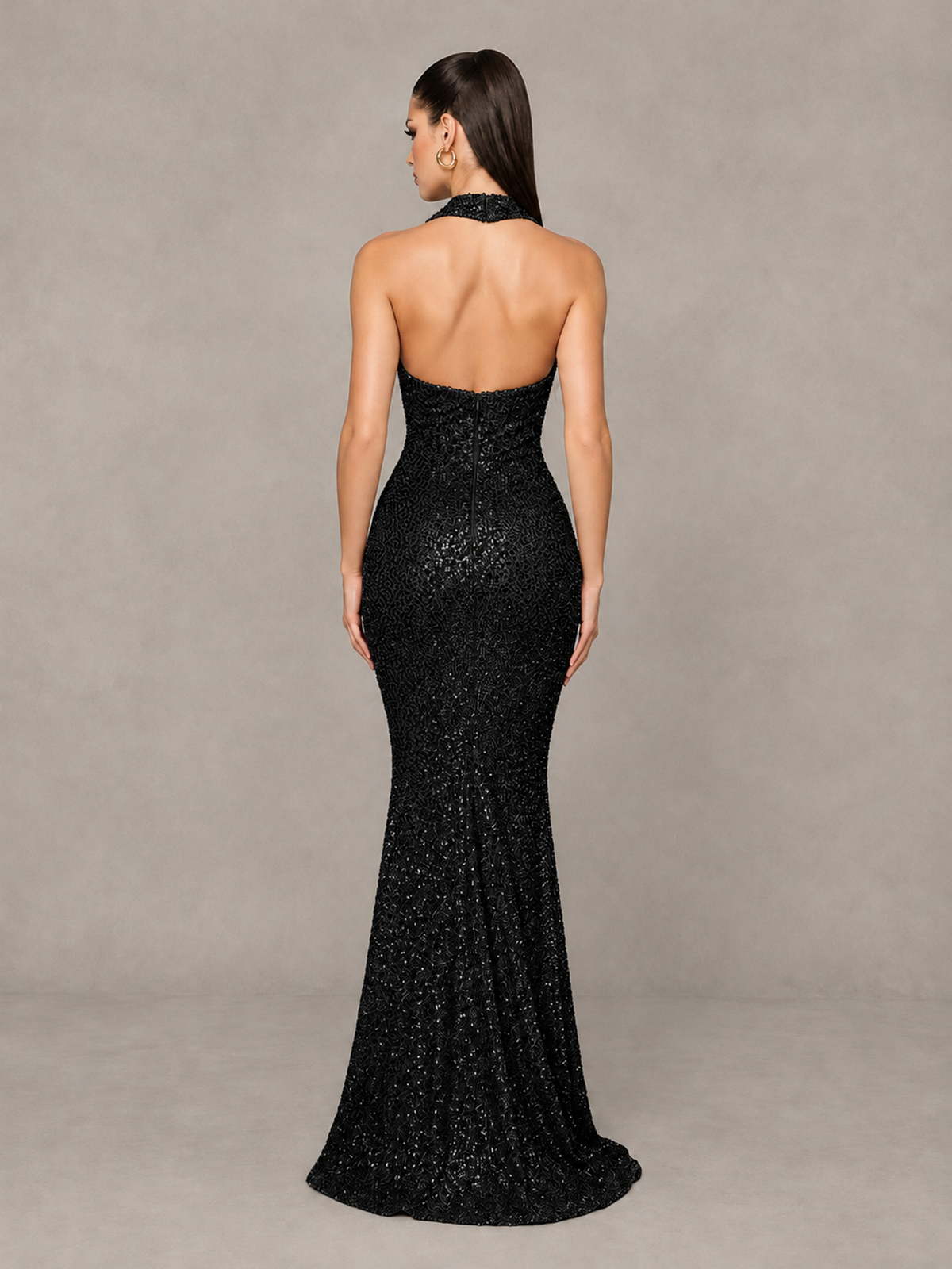 BOLODOO Black Sequin Halter Mermaid Evening Gown - Black - Black (2)