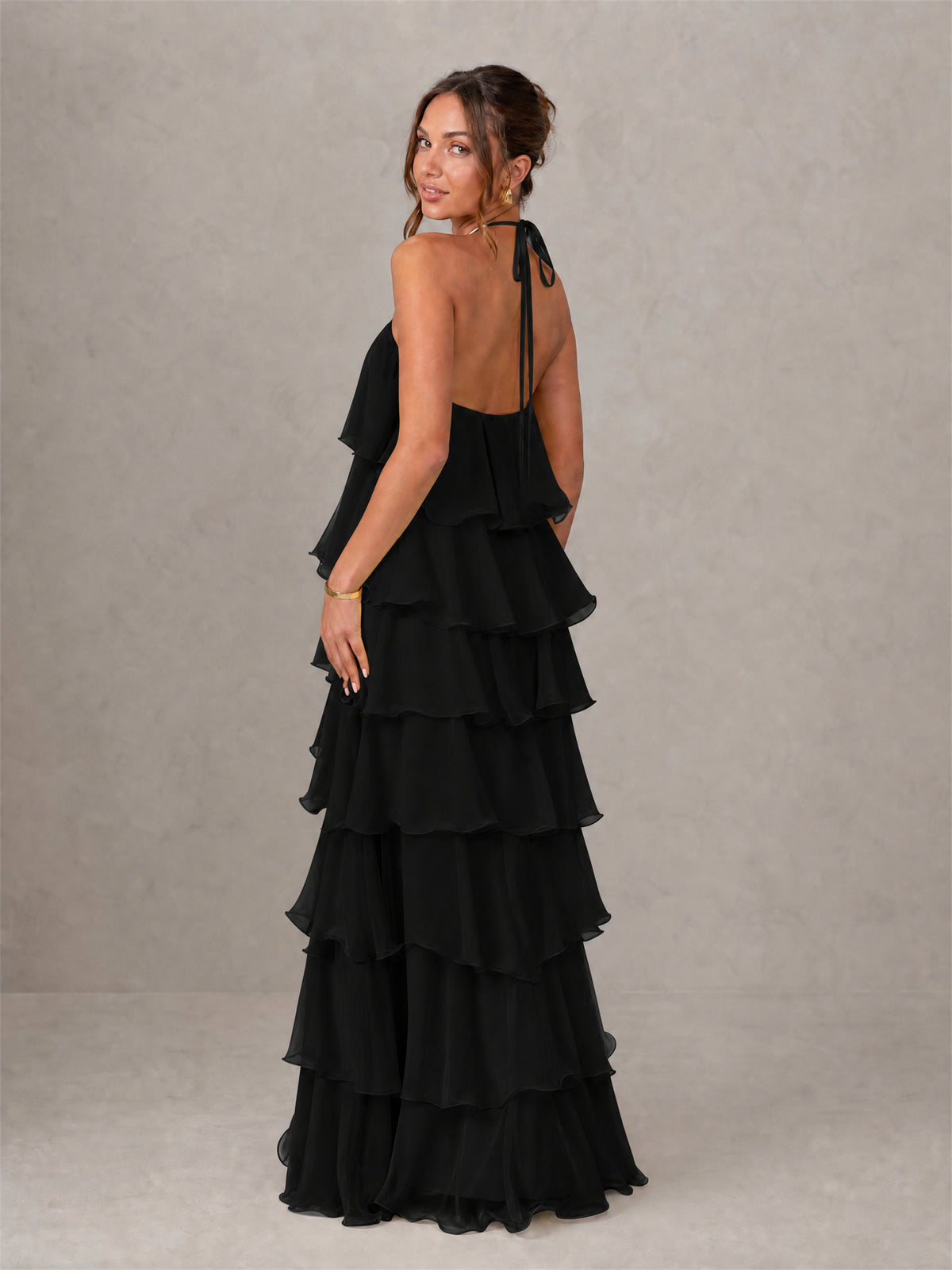 BOLODOO Black Halter Tiered Ruffle Chiffon Maxi Dress - Black