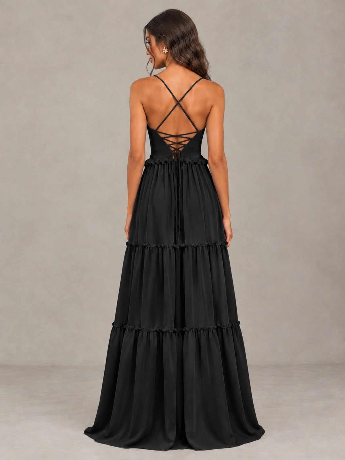 BOLODOO Black Tiered V-Neck Lace-Up Back Bridesmaid Dress - Black - Black (2)