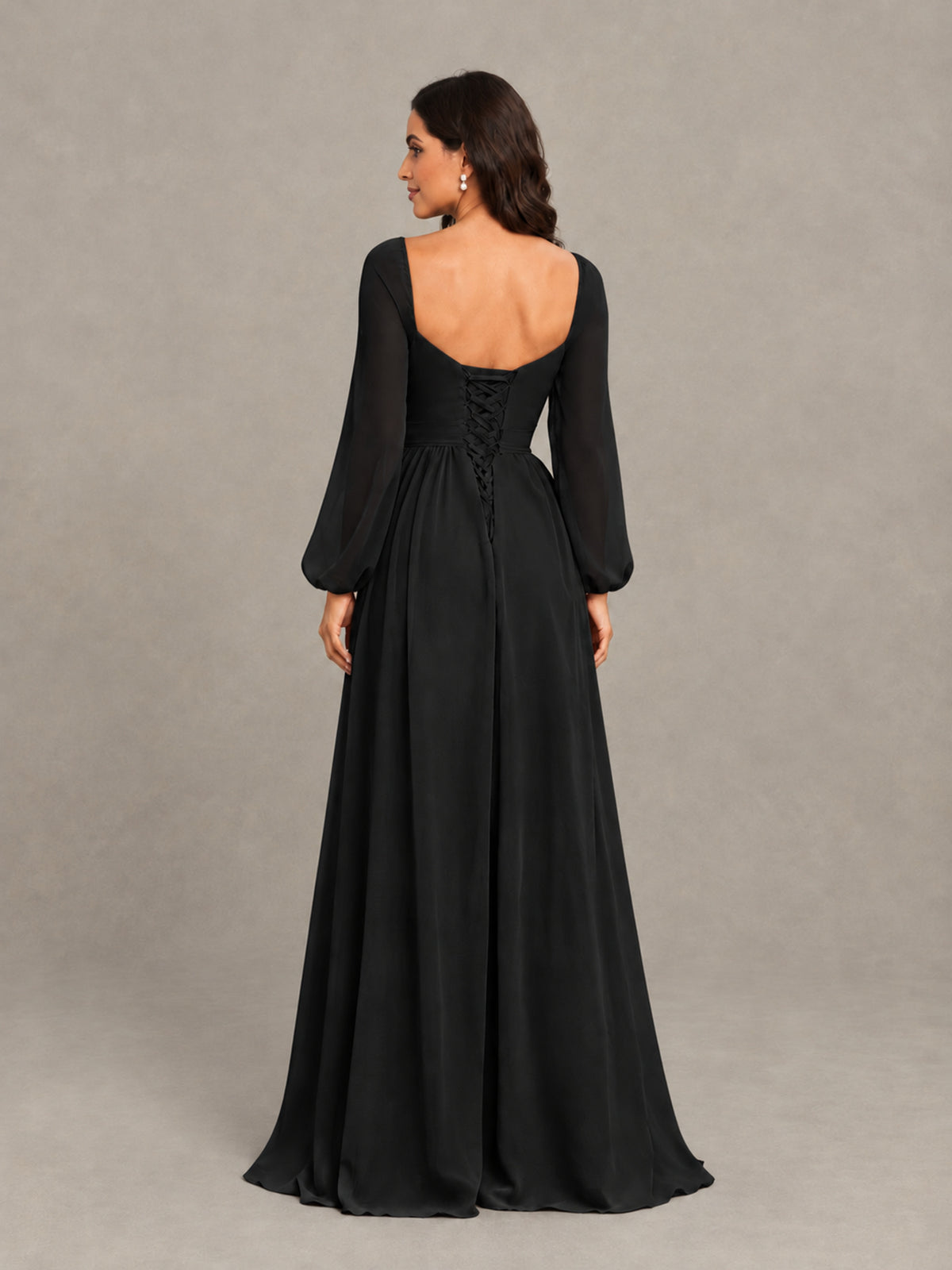 BOLODOO Black Long Sleeve Chiffon Bridesmaid Dress with Slit - Black - Black (2)