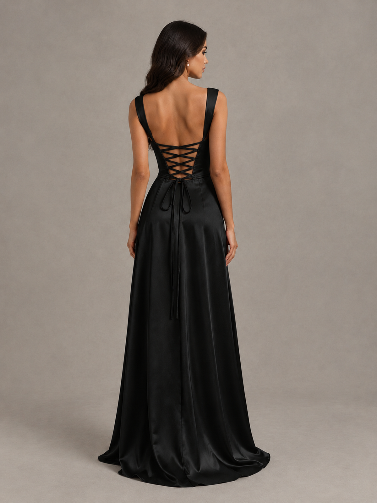 BOLODOO Black Satin Lace-Up Bridesmaid Dress with Slit - Black - Black (2)