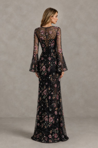 BOLODOO Floral Embroidered Tulle Black Mermaid Gown with Long Bell Sleeves - Black