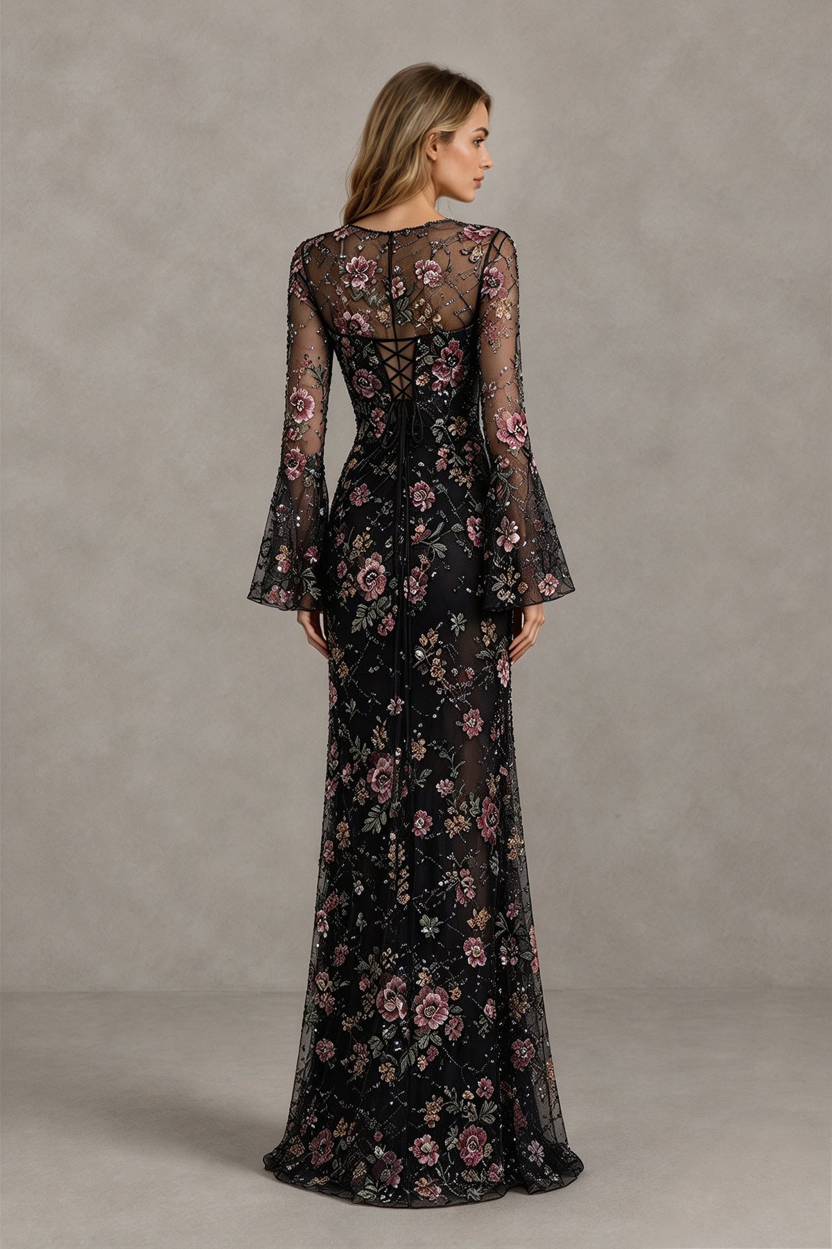 BOLODOO Floral Embroidered Tulle Black Mermaid Gown with Long Bell Sleeves - Black