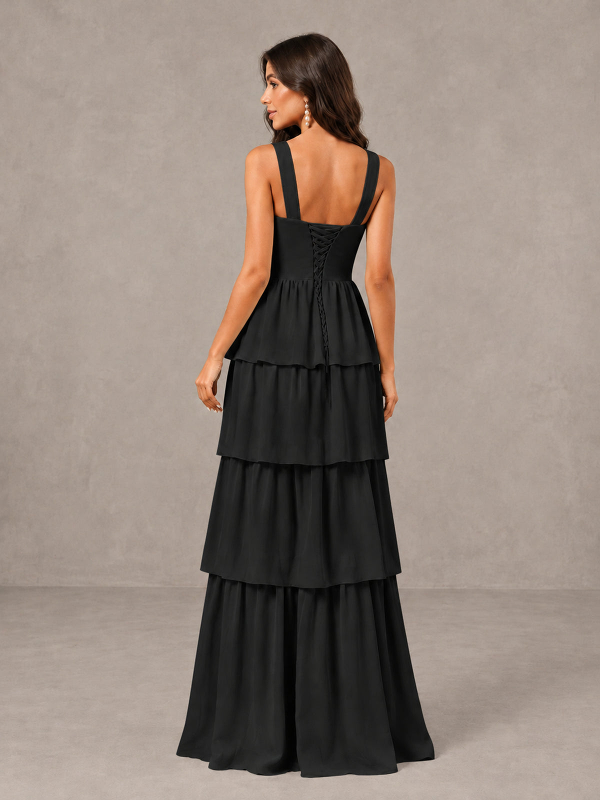 BOLODOO Black Square Neck Tiered Bridesmaid Dress with Slit - Black - Black (2)