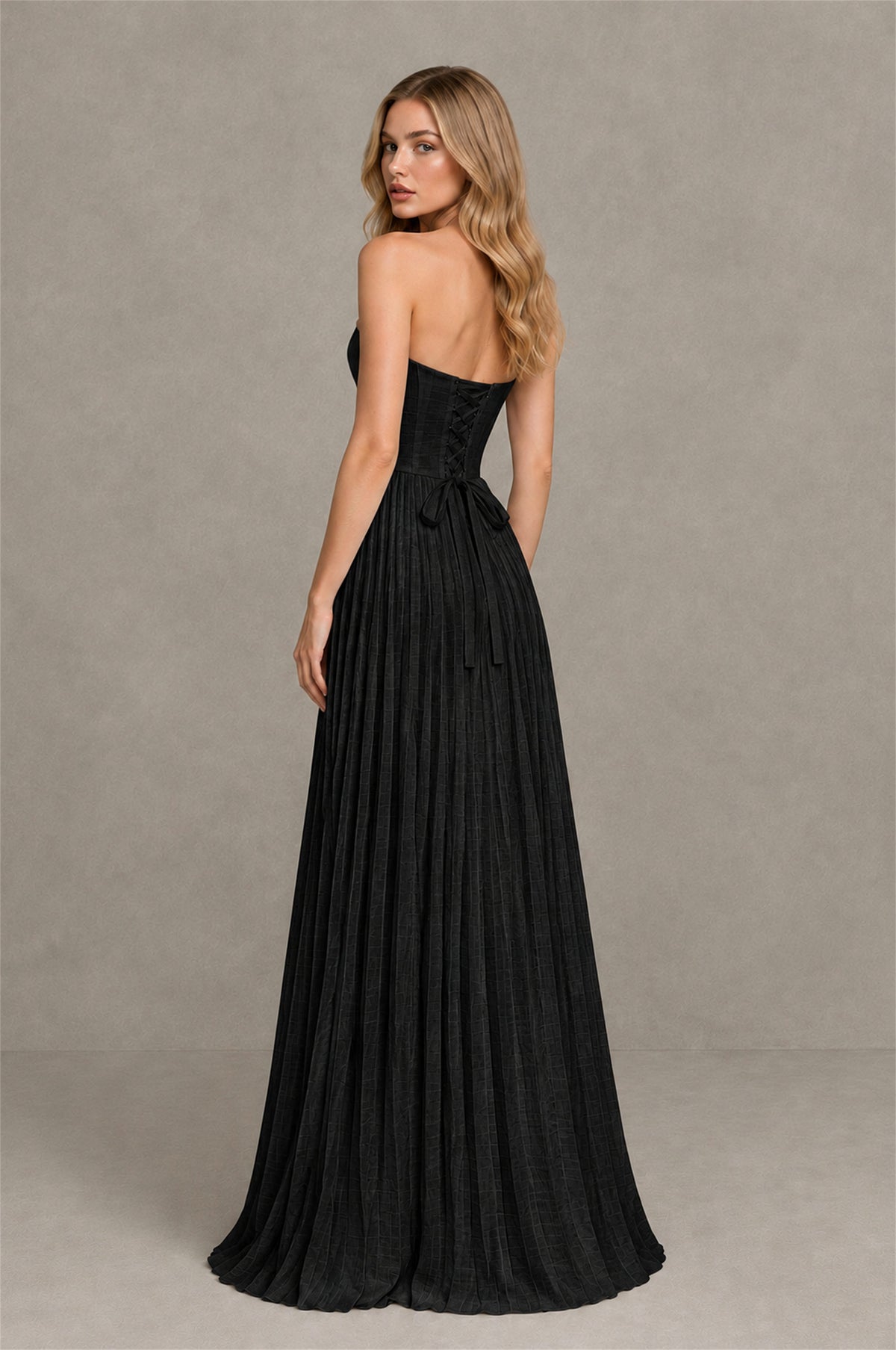 BOLODOO Black Strapless Sunburst Pleated Twisted Knot Lace-Up Back Accordion Pleated Chiffon Maxi Dress - Black