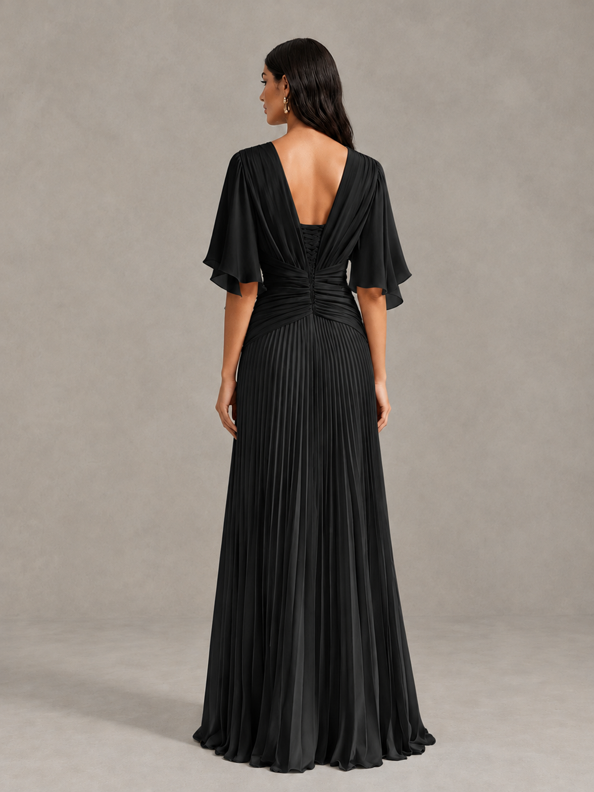 BOLODOO Black Pleated V-Neck Flutter Sleeve Bridesmaid Dress - Black - Black (2)