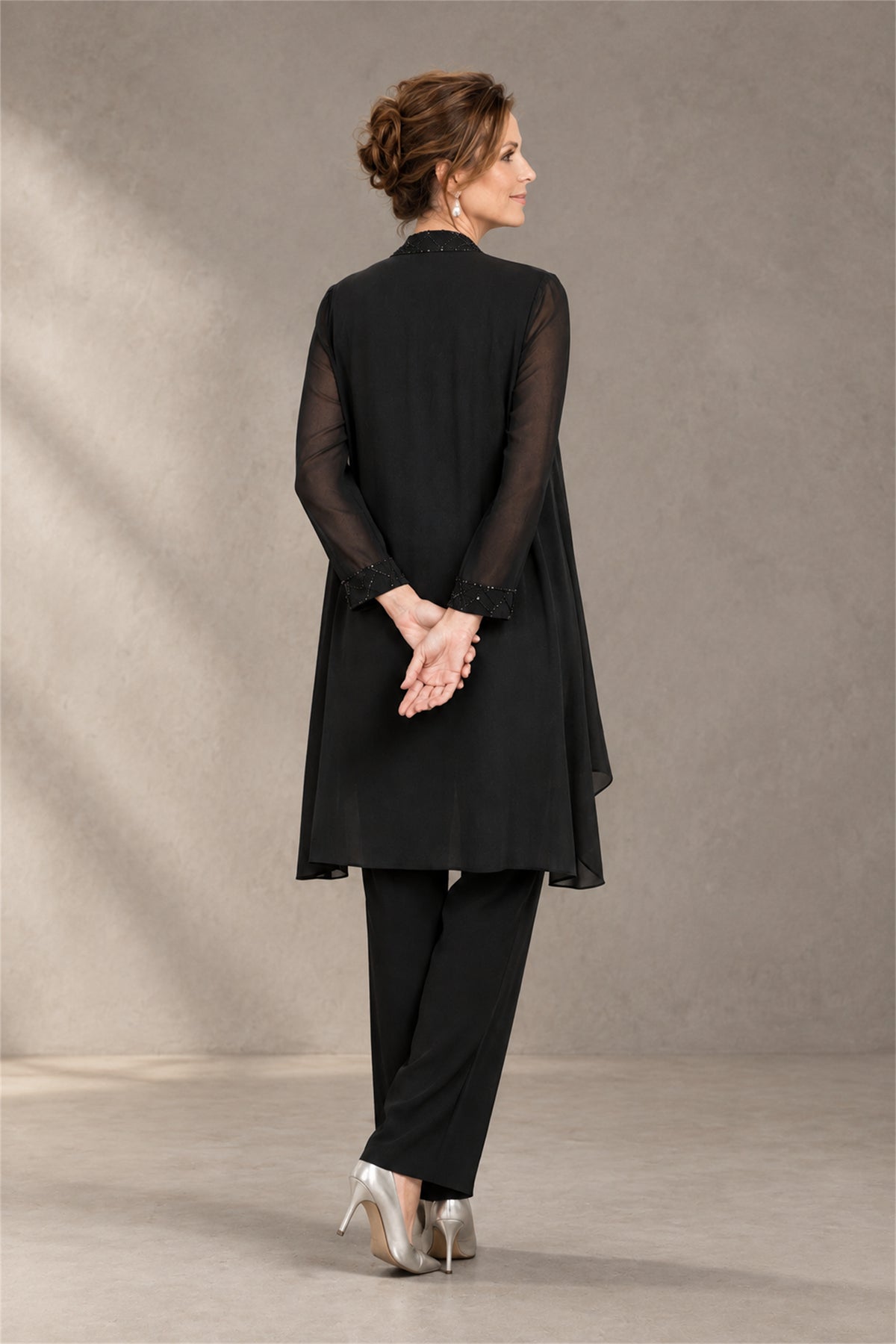 BOLODOO Black 3-Piece Beaded Chiffon Duster Jacket Pant Suit - Black