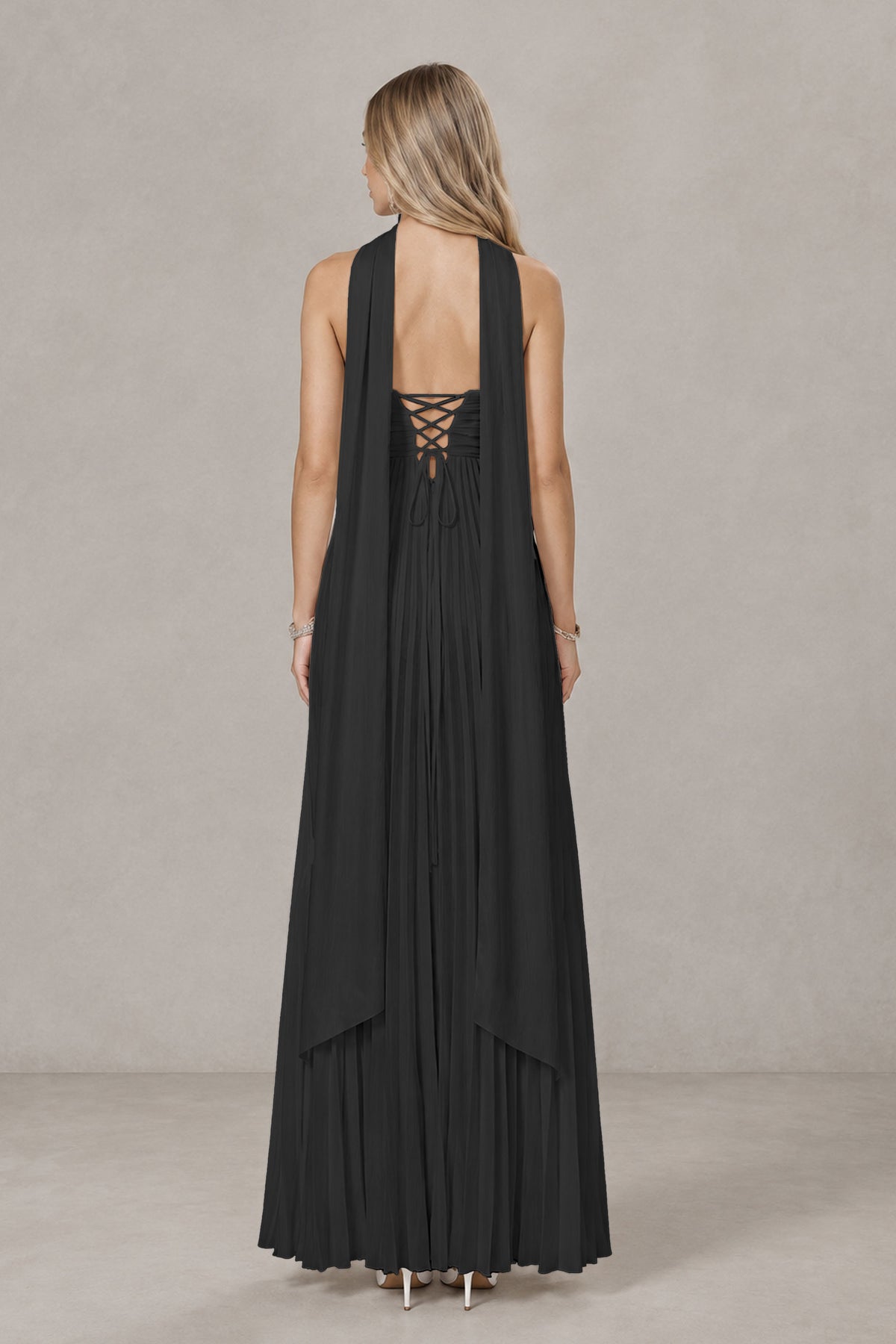 BOLODOO Black Strapless Chiffon-Look Maxi Dress with Lace-Up Back & Cape - Black