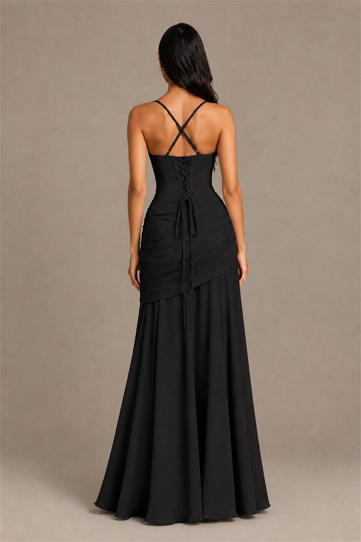 BOLODOO Square Neck Ruched A-Line Maxi Dress - Black Backless Evening Gown - Black
