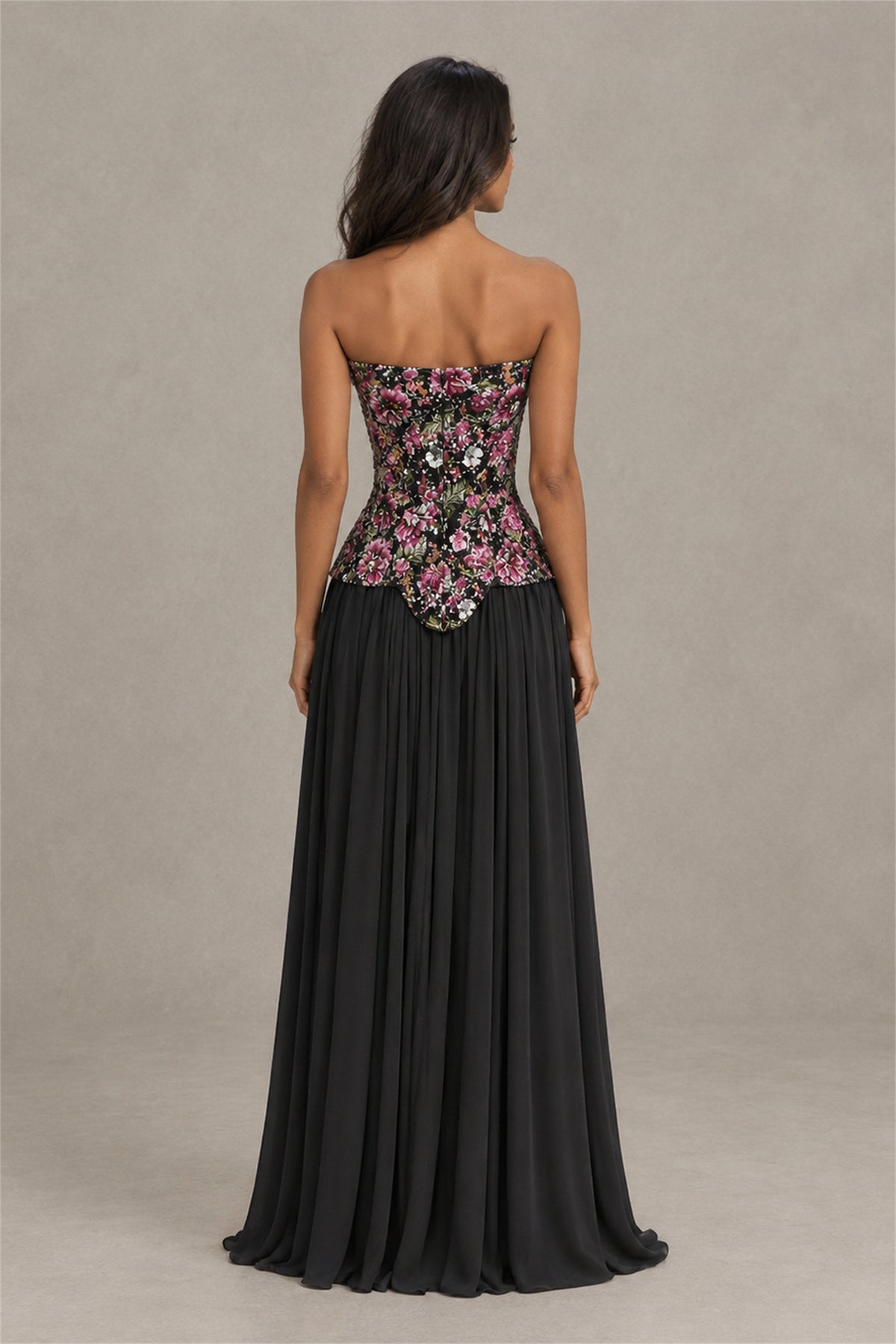 BOLODOO Black Strapless Floral Beaded Chiffon Maxi Dress - Black