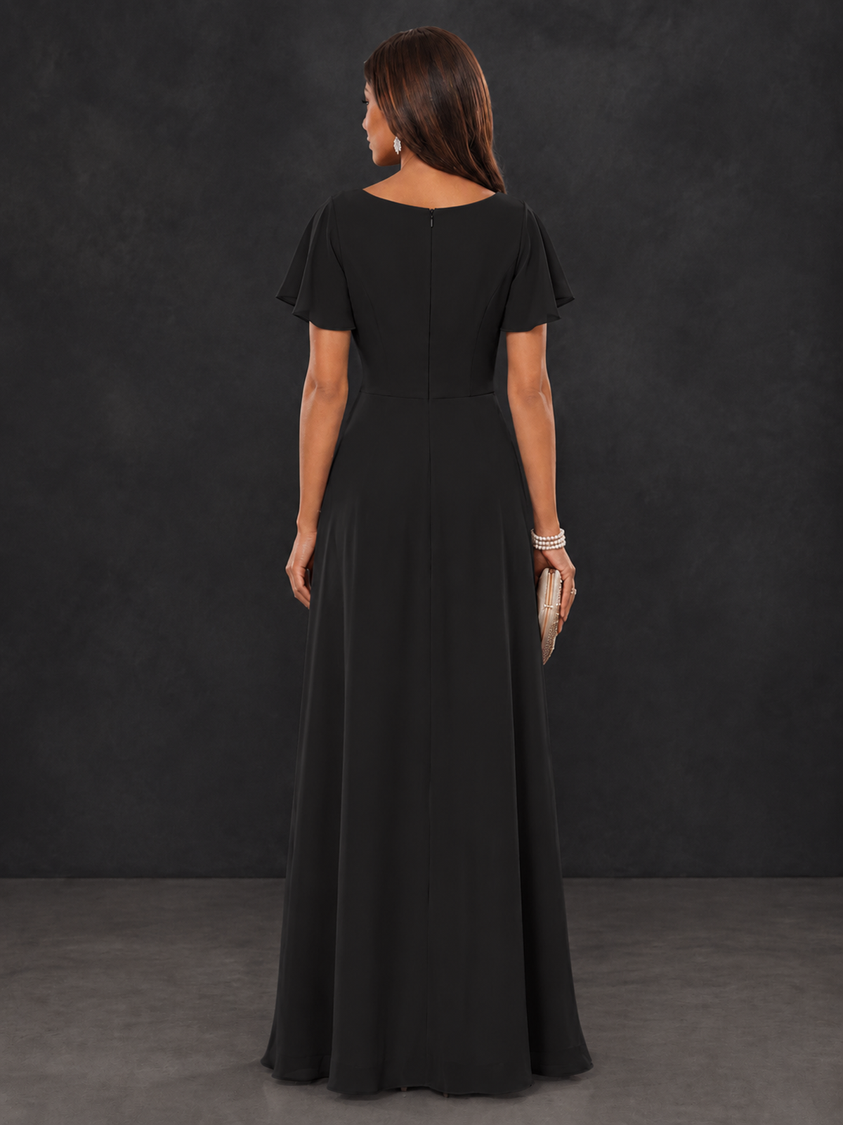 BOLODOO Black Floral Flutter Sleeve Mother of the Bride Dress - Black
