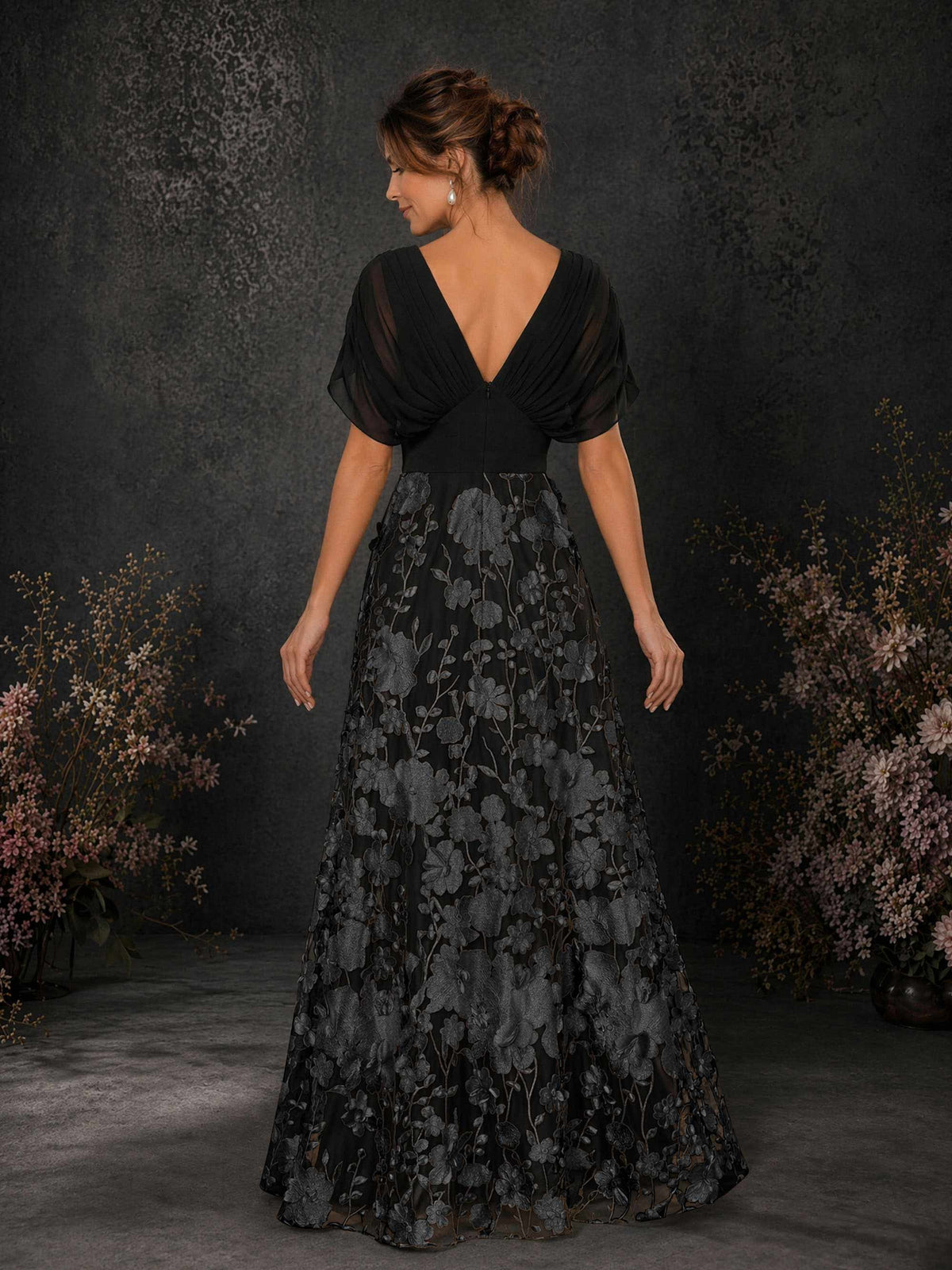 BOLODOO Black & Black Chiffon V-Neck Flutter Sleeve Floral Embroidered A-Line Gown BD0414 - Black