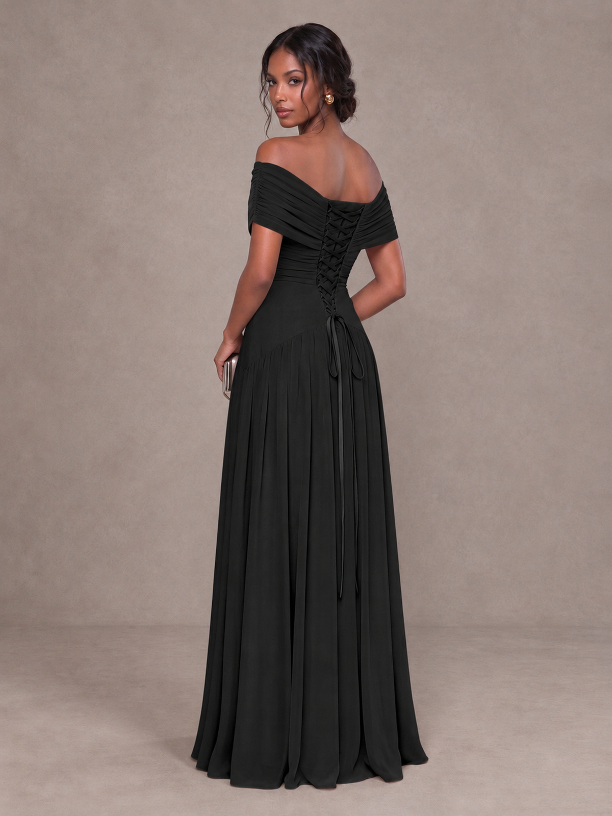 BOLODOO Black Off-Shoulder Ruched A-Line Bridesmaid Dress - Black - Black (2)