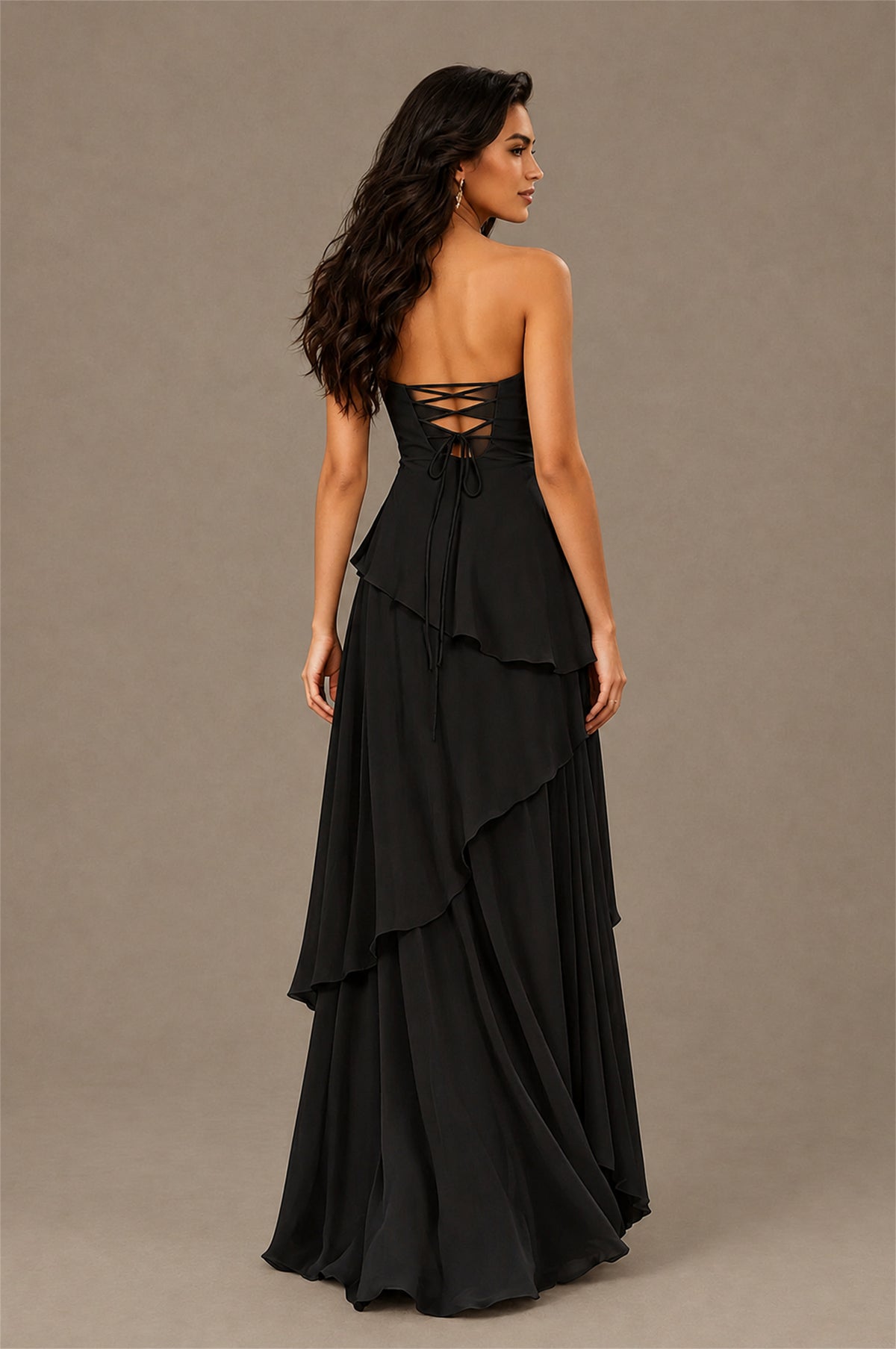 BOLODOO Black Strapless Sweetheart Knotted Chiffon Tiered Maxi Dress with Lace-Up Back - Black