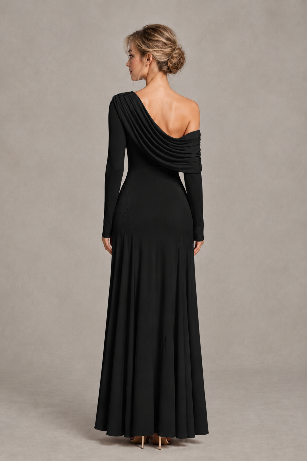 BOLODOO Black Asymmetric Draped Long Sleeve Evening Gown - Black