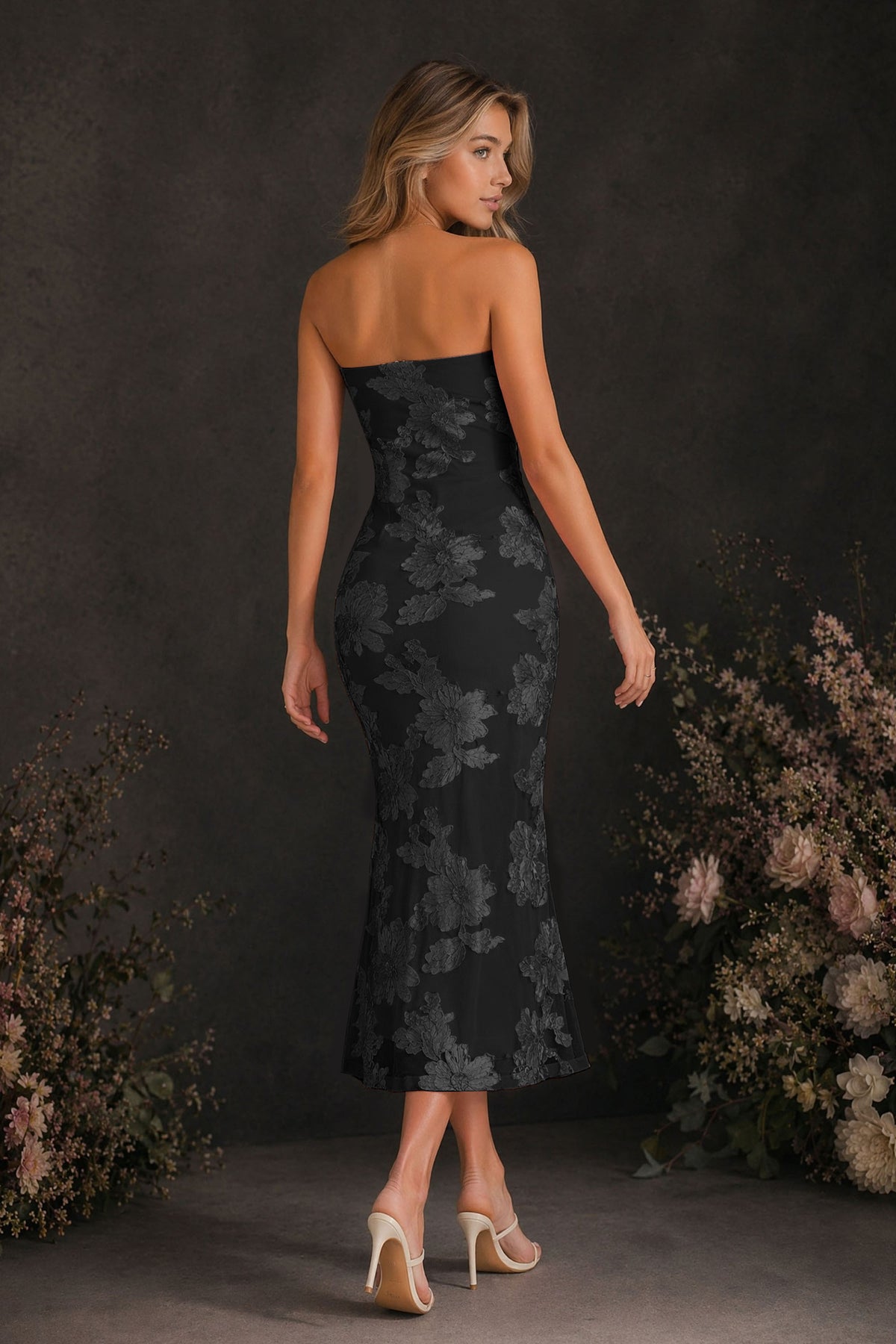 BOLODOO Black Tonal Floral Embroidered Mesh Strapless Open Back Bodycon Midi Tea Length Dress - Black
