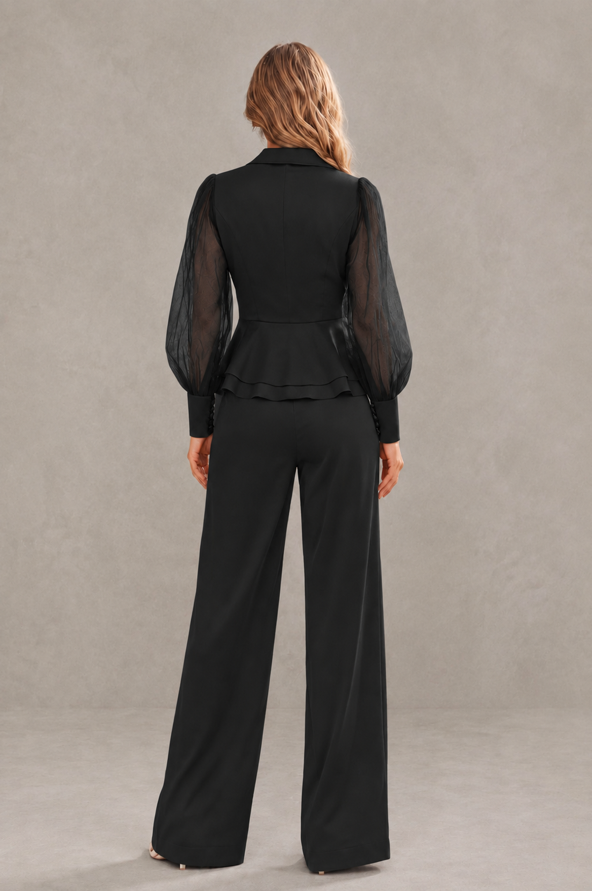 BOLODOO Mint Black Peplum Blazer Wide-Leg Pantsuit with Sheer Puff Sleeves - Black
