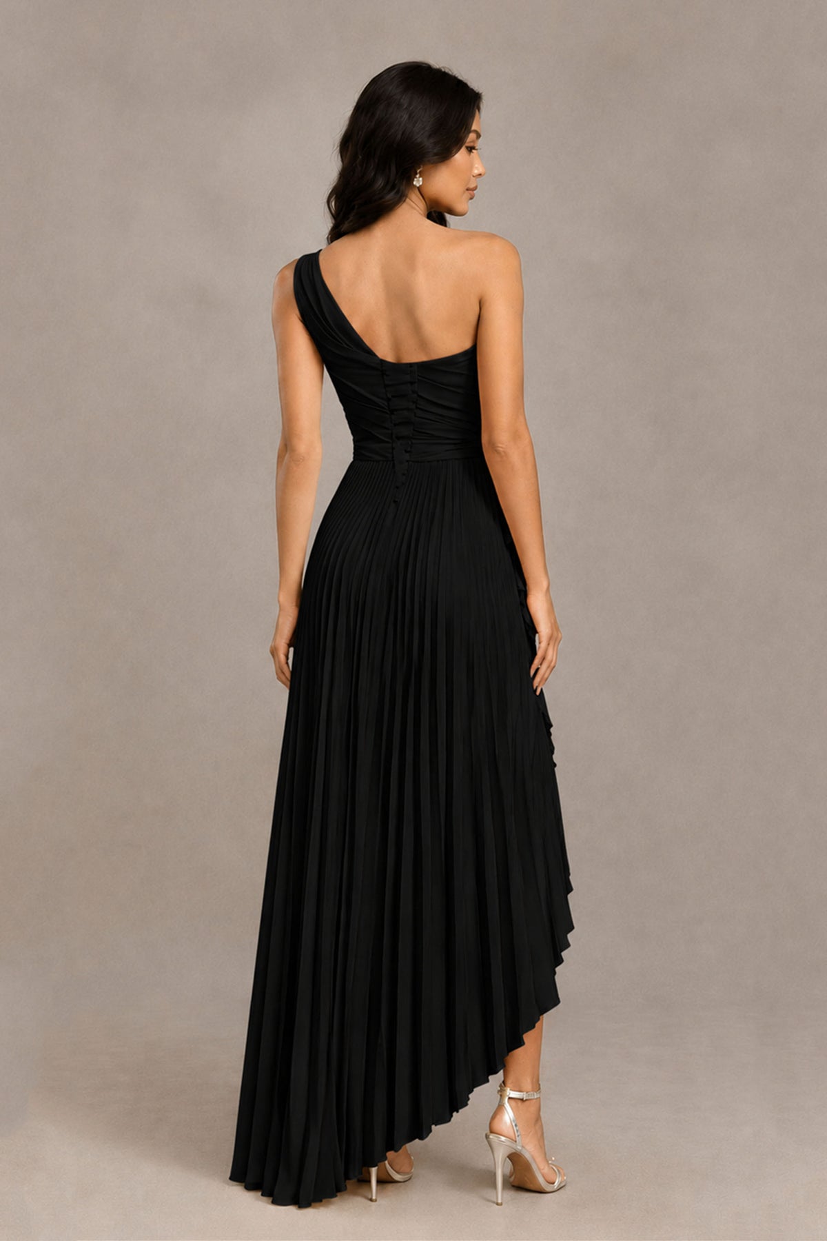 BOLODOO Black One-Shoulder High-Low Ruffle Maxi Dress - Black