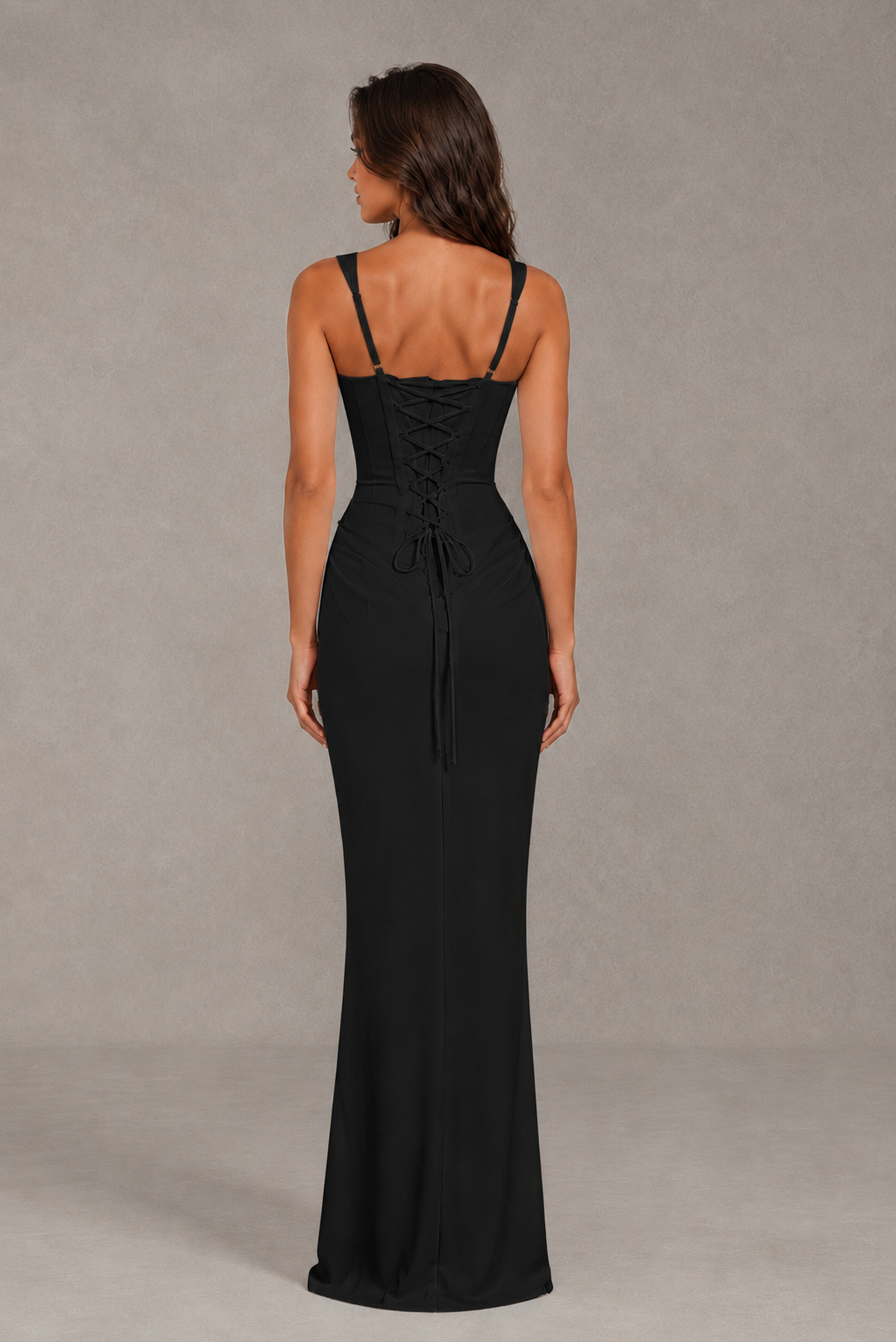 BOLODOO Black Square-Neck Lace-Up Back Bridesmaid Dress - Black