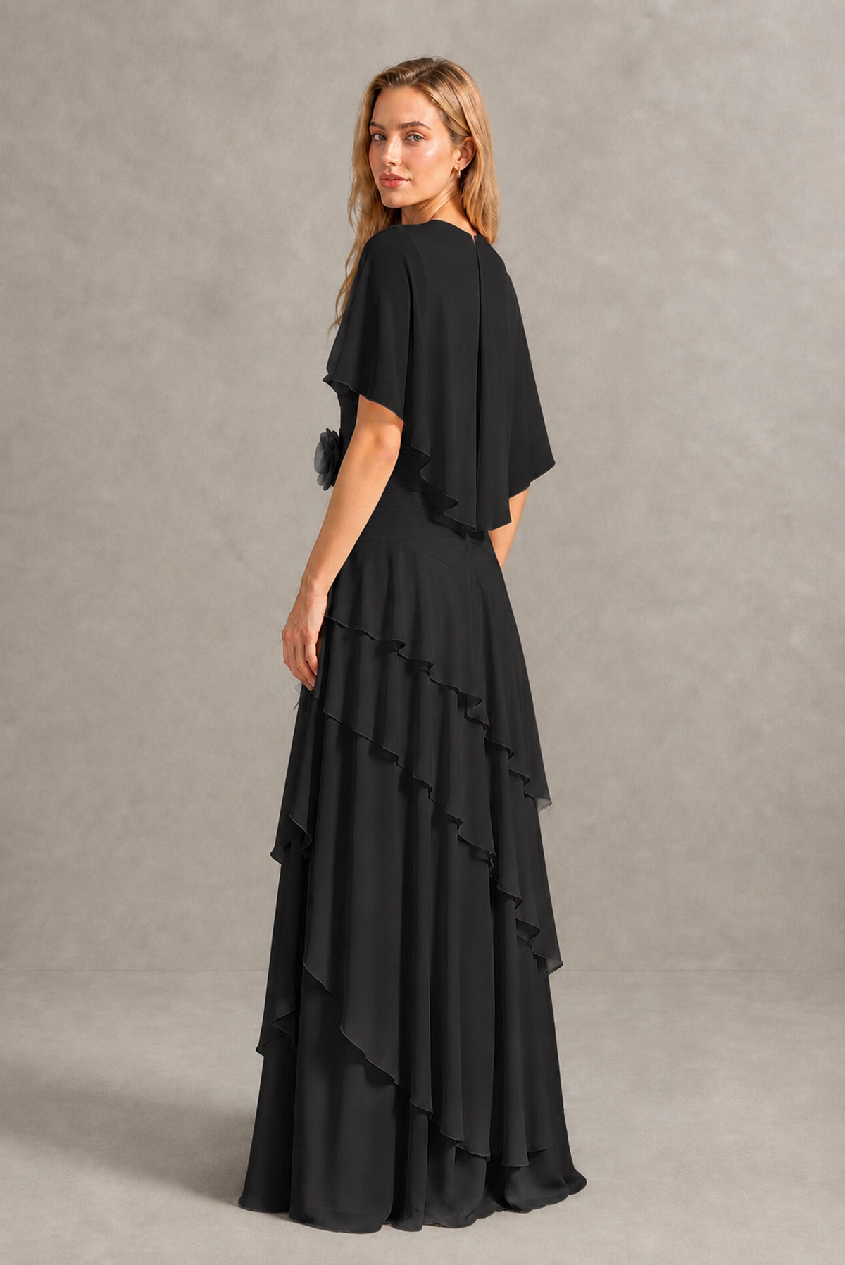 BOLODOO Black Chiffon Flutter Sleeve Tiered Maxi Dress with 3D Rosette - Black
