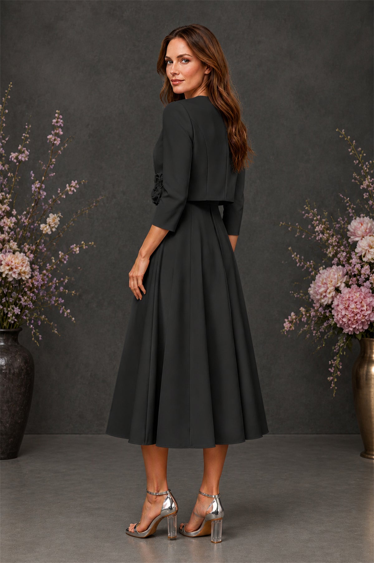 BOLODOO Black 3D Rosette Appliqué 3/4 Sleeve Jacket & V-Notch Sleeveless A-Line Tea-Length Two-Piece Dress Set - Black
