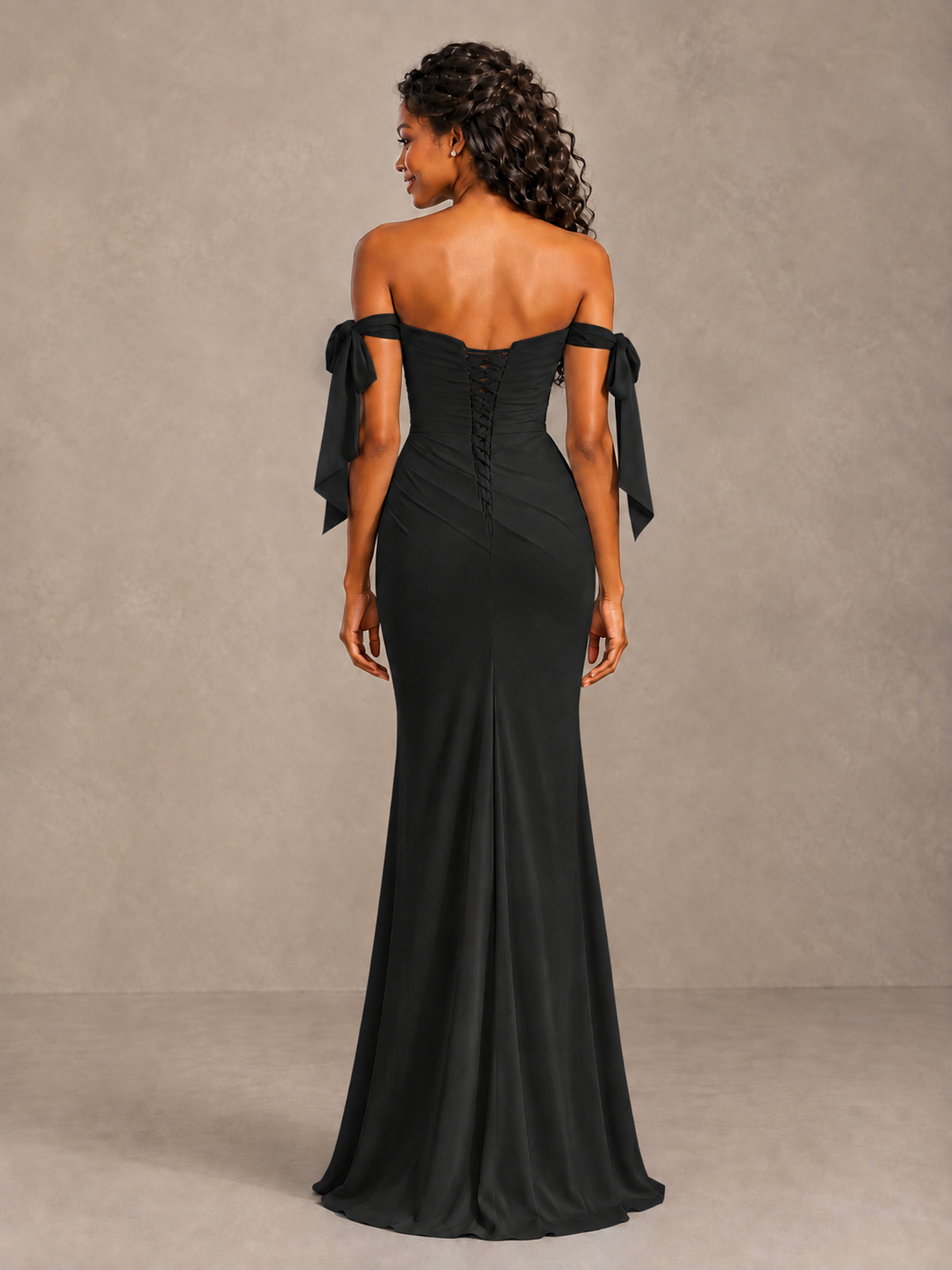 Black Off-Shoulder Bow Bridesmaid Dress with Slit - Black - Black (2)