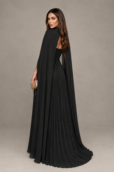 BOLODOO Black Strapless Crossover Ruched Bodice Detached Turtleneck Cape Lace-Up Back Pleated Chiffon Maxi Dress - Black