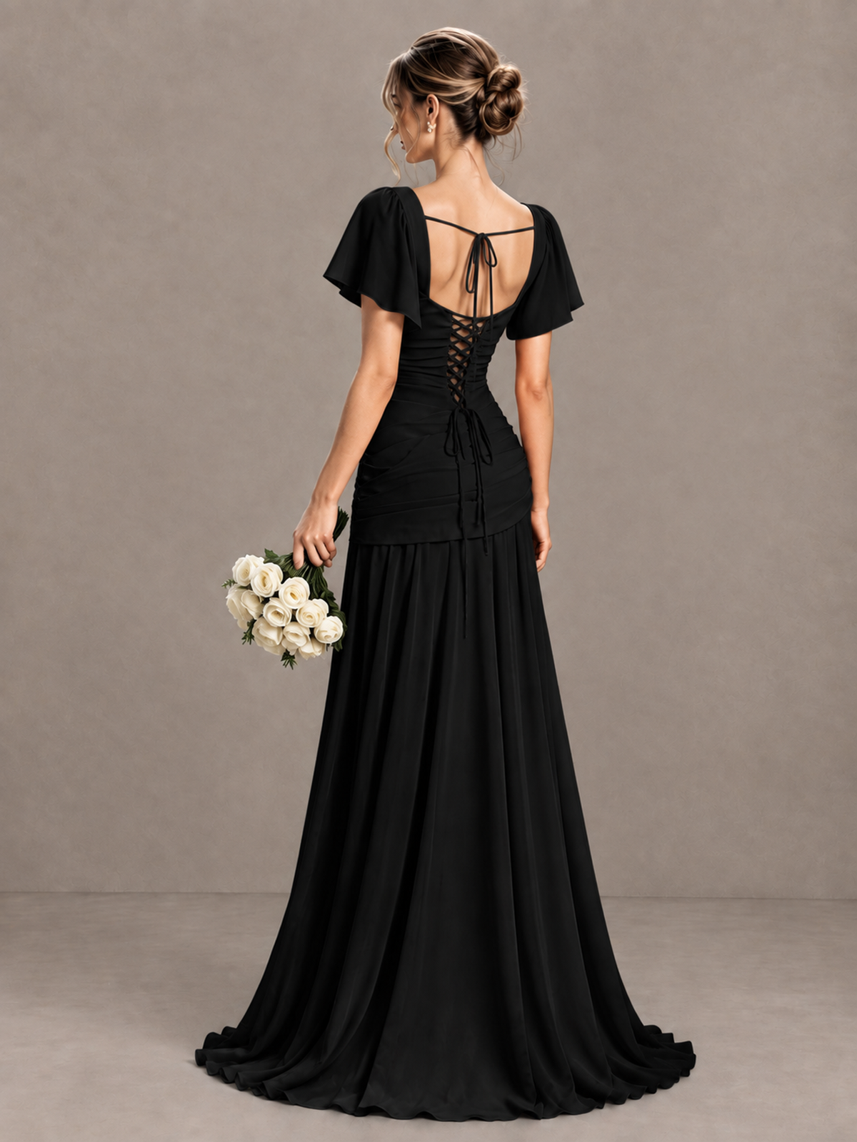 BOLODOO Black Flutter Sleeve Lace-Up Back Maxi Dress - Black