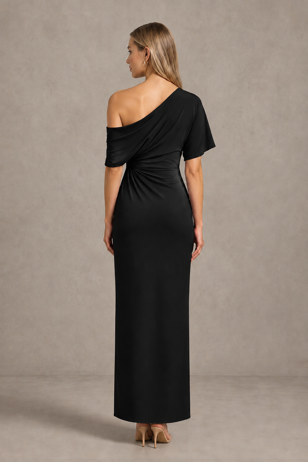 BOLODOO Black One-Shoulder Draped Satin Maxi Dress with Front Slit - Black