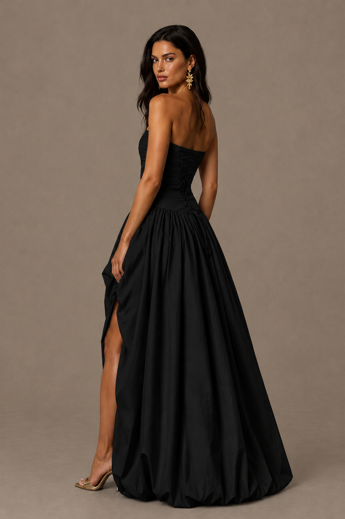 BOLODOO Black Strapless Ruched Corset Lace-Up Back Bubble Skirt High Slit Taffeta Maxi Dress - Black