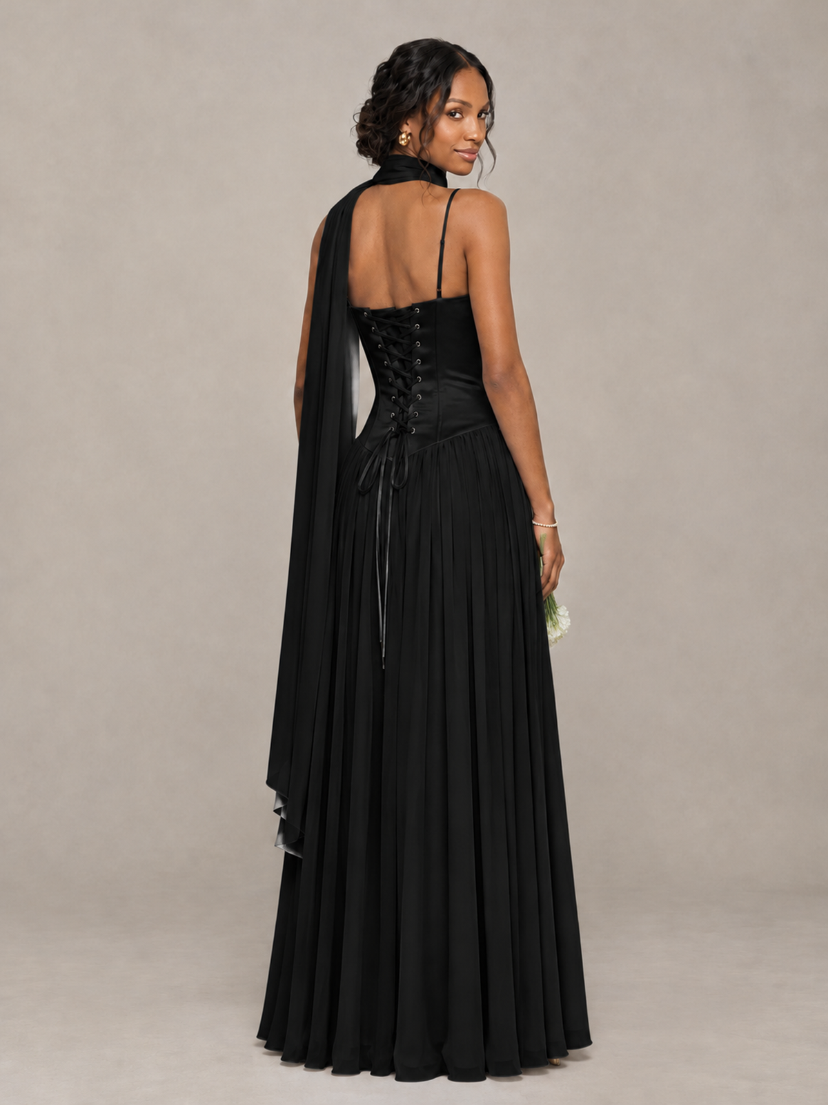 BOLODOO Black Corset Bridesmaid Dress with Scarf - Black - Black (2)