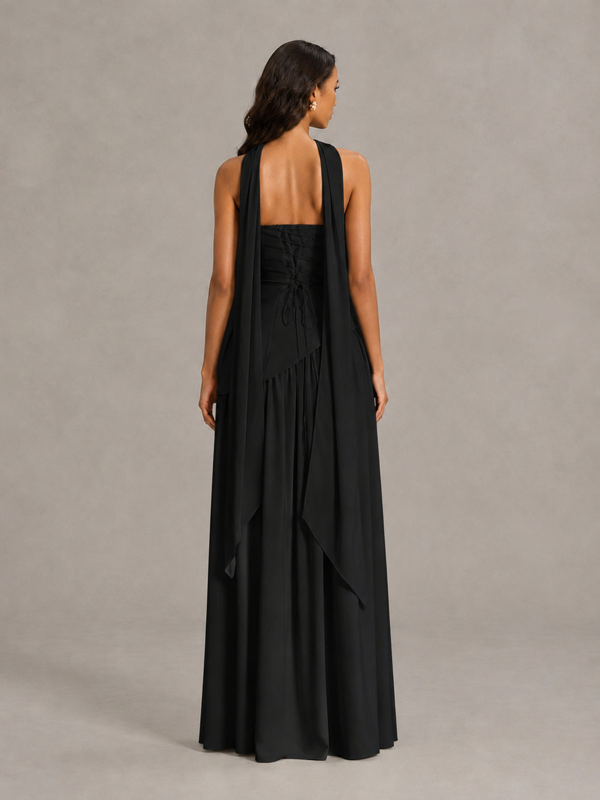 Black Strapless Bridesmaid Dress with Scarf & High Slit - Black - Black (2)