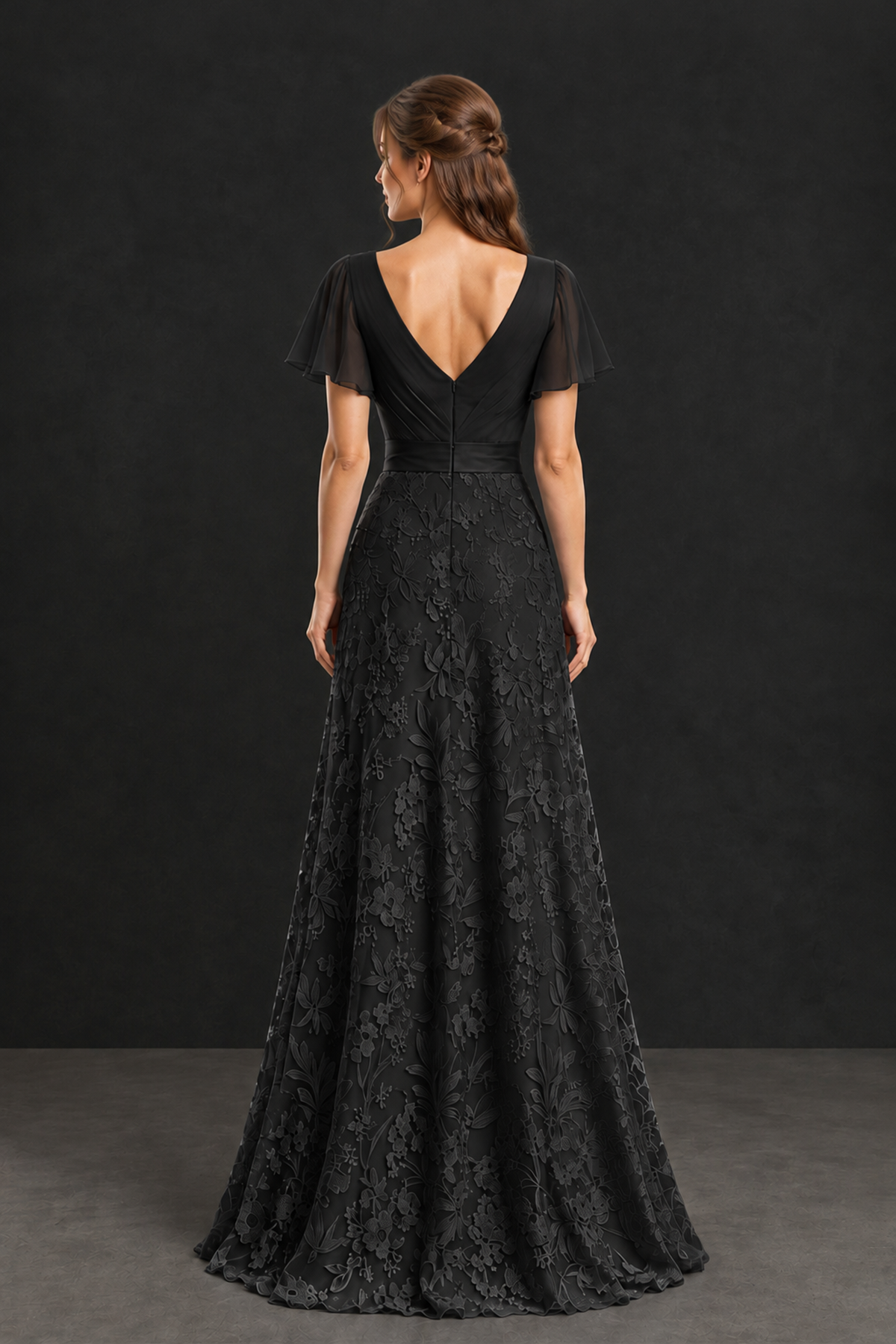 BOLODOO Black Flutter Sleeve Lace Mother of the Bride Dress - Black