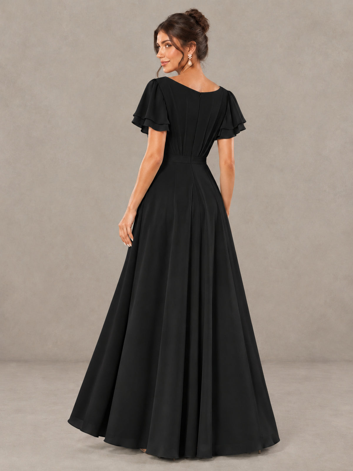 BOLODOO Black Flutter Sleeve Ruffle Bridesmaid Dress with Slit - Black - Black (2)