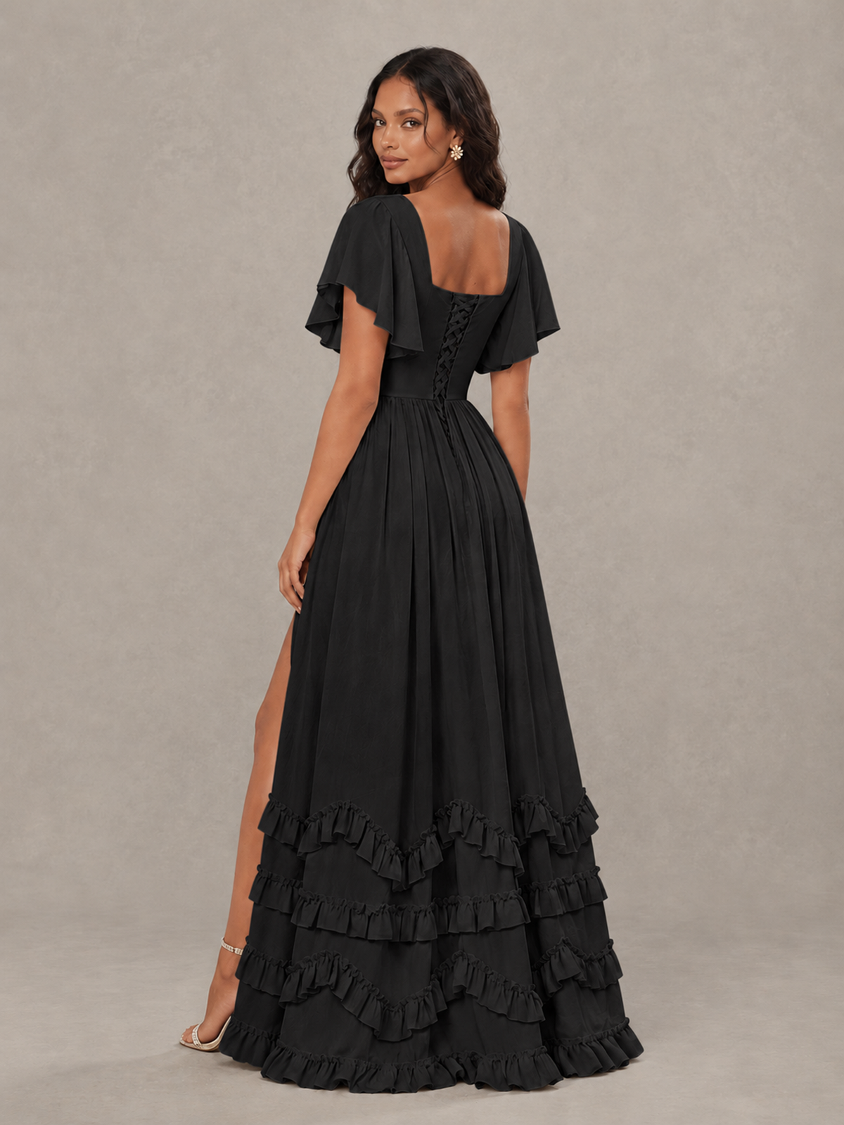BOLODOO Black V-Neck Flutter Sleeve Ruffle Bridesmaid Dress with Slit - Black - Black (2)
