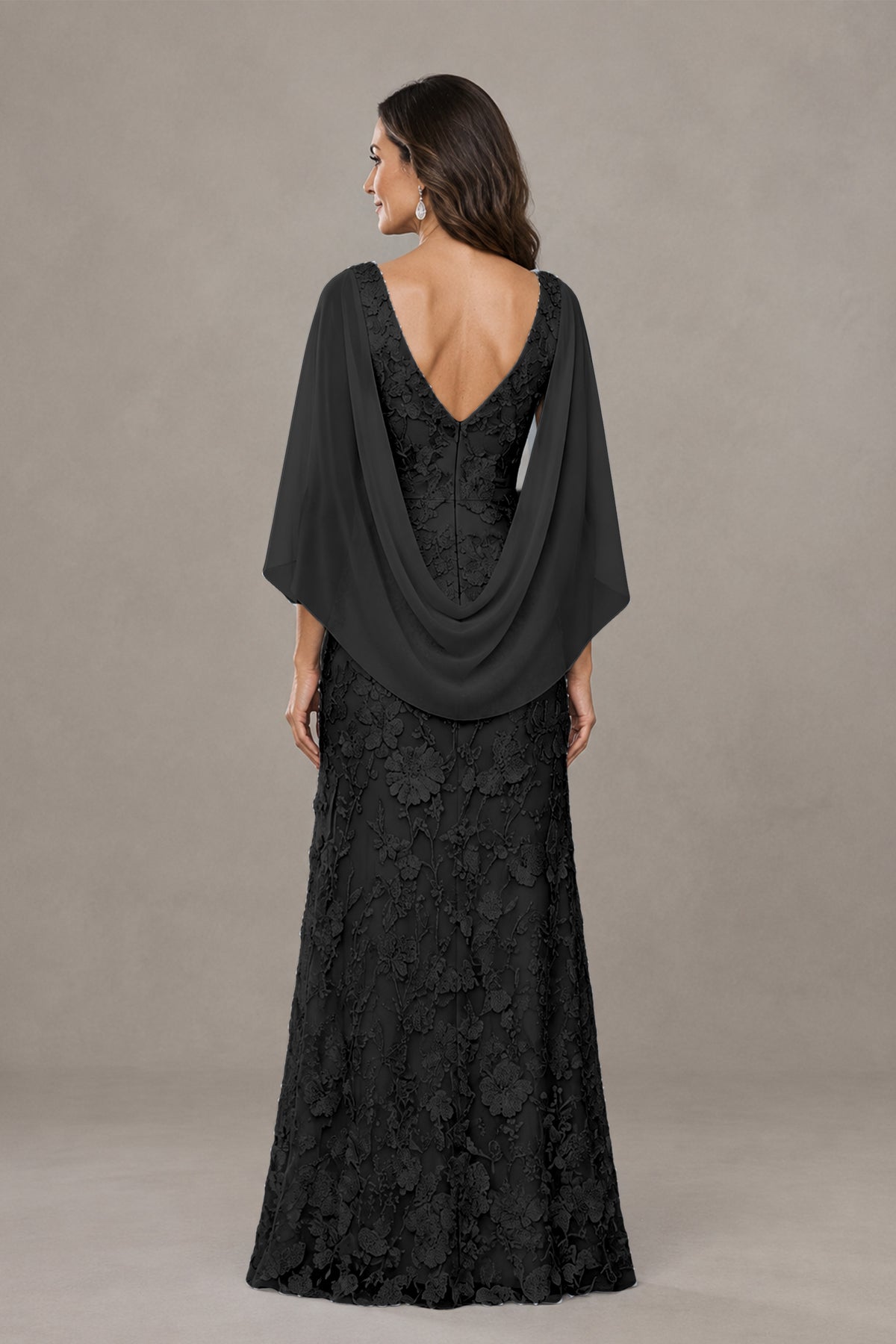 BOLODOO Black Lace Mother of the Bride Dress with Cape Sleeves - Black