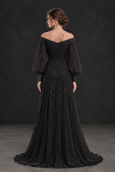BOLODOO Black Long Sleeve Mother of the Bride Dress with Floral Appliqués - Black - Black (2)