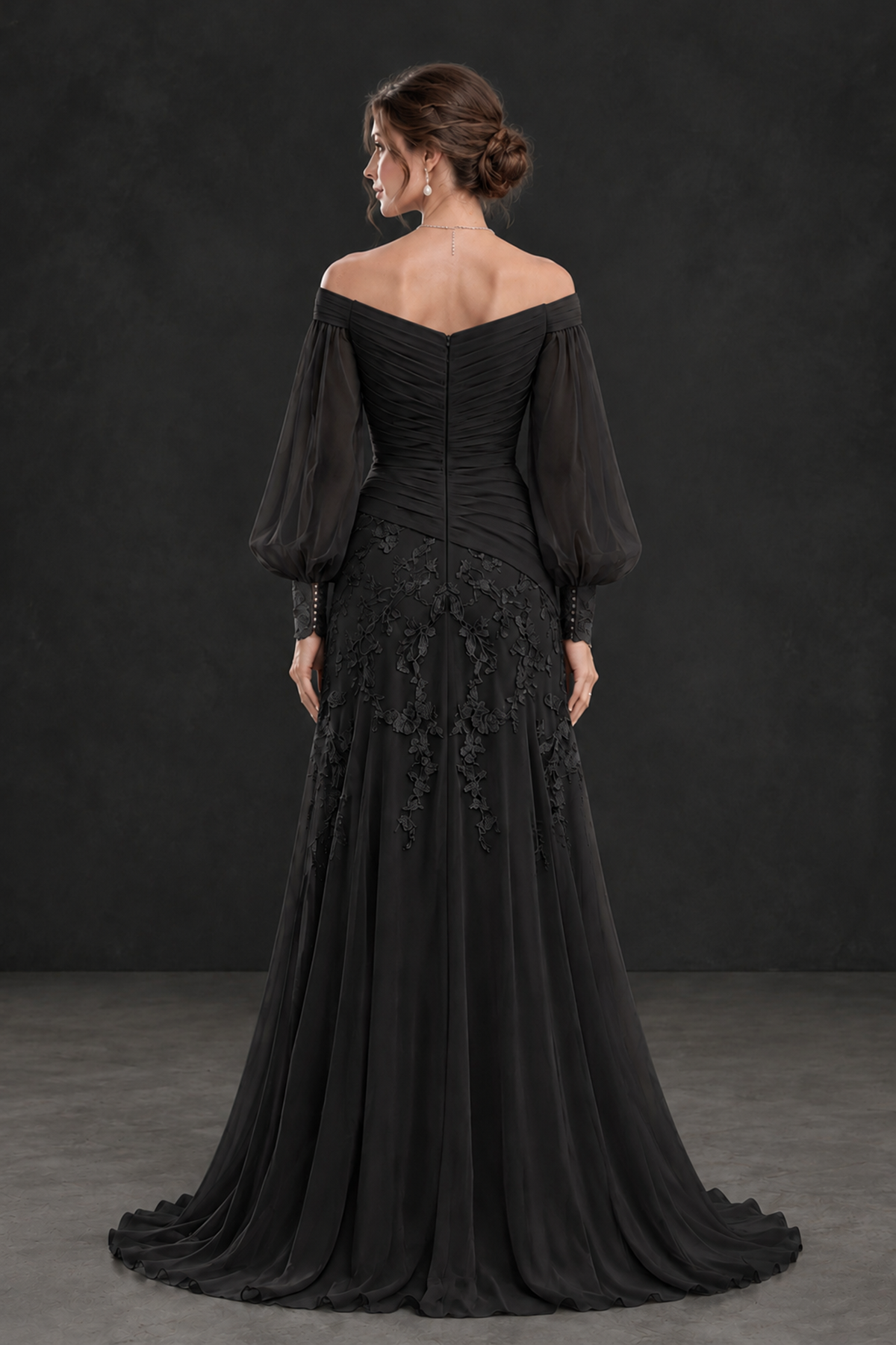 BOLODOO Black Long Sleeve Mother of the Bride Dress with Floral Appliqués - Black - Black (2)