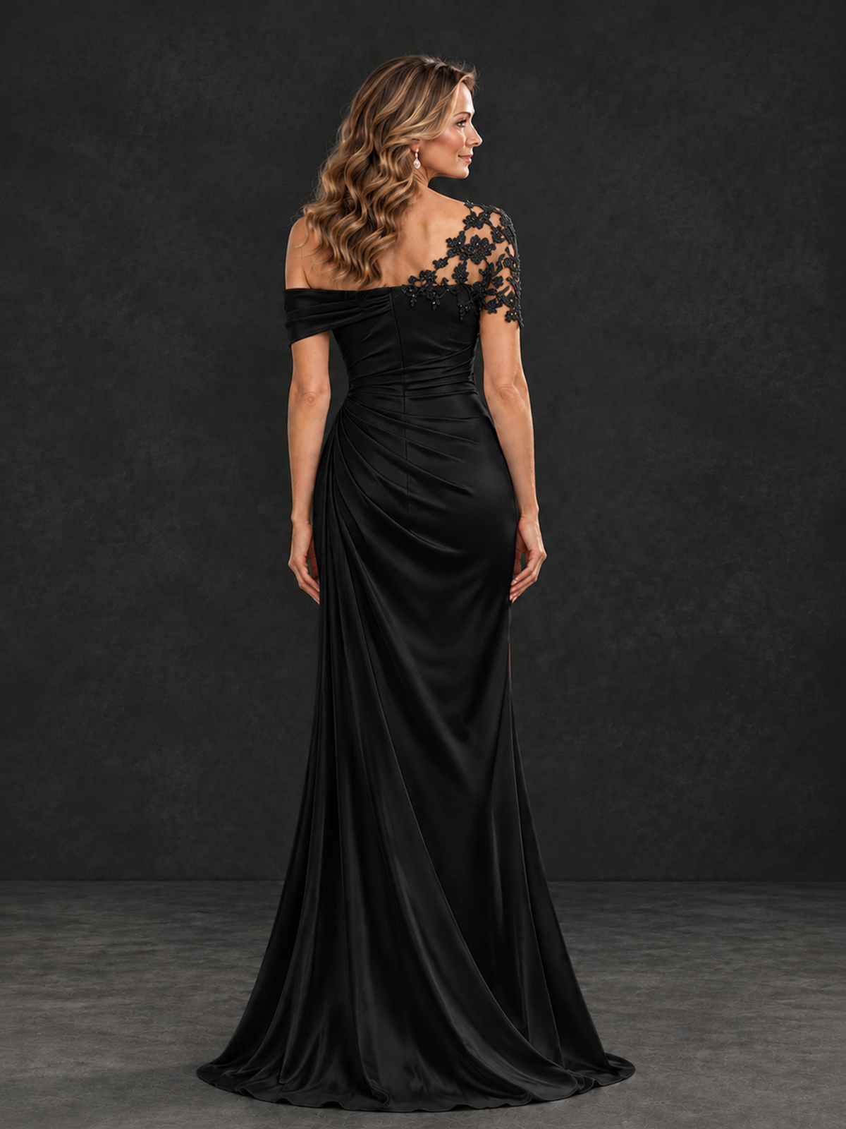 BOLODOO Black Asymmetric Satin Mother of the Bride Dress with Lace Sleeve - Black - Black (2)