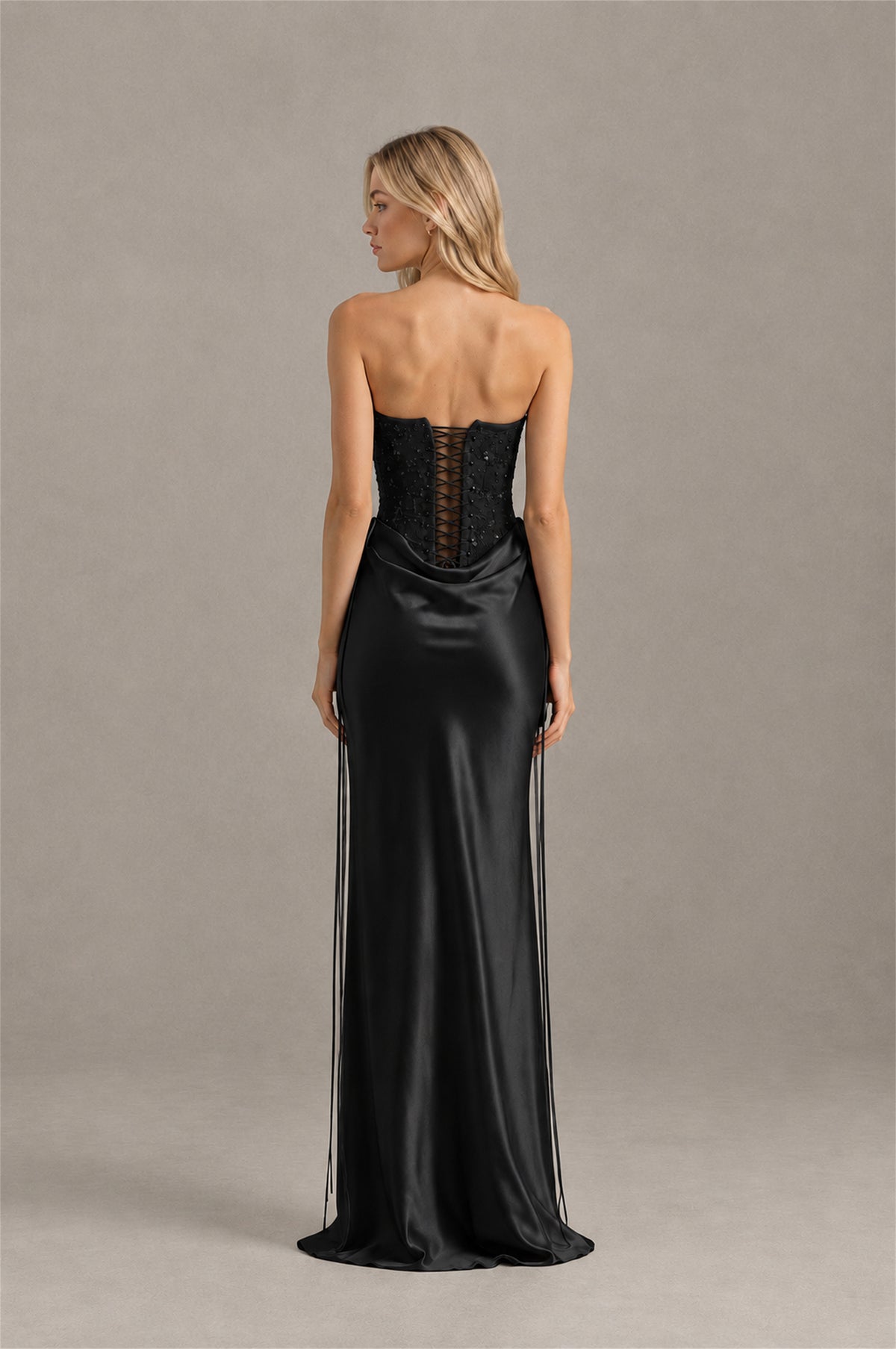 BOLODOO Black Strapless Embellished Corset Satin-Look Maxi Dress - Black