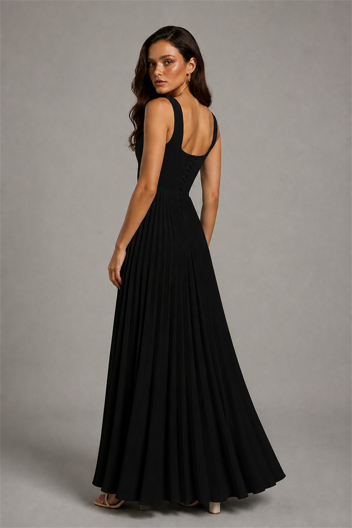 BOLODOO Black Square Neck Wide Strap Lace-Up Back Pleated A-Line Chiffon Maxi Dress - Black
