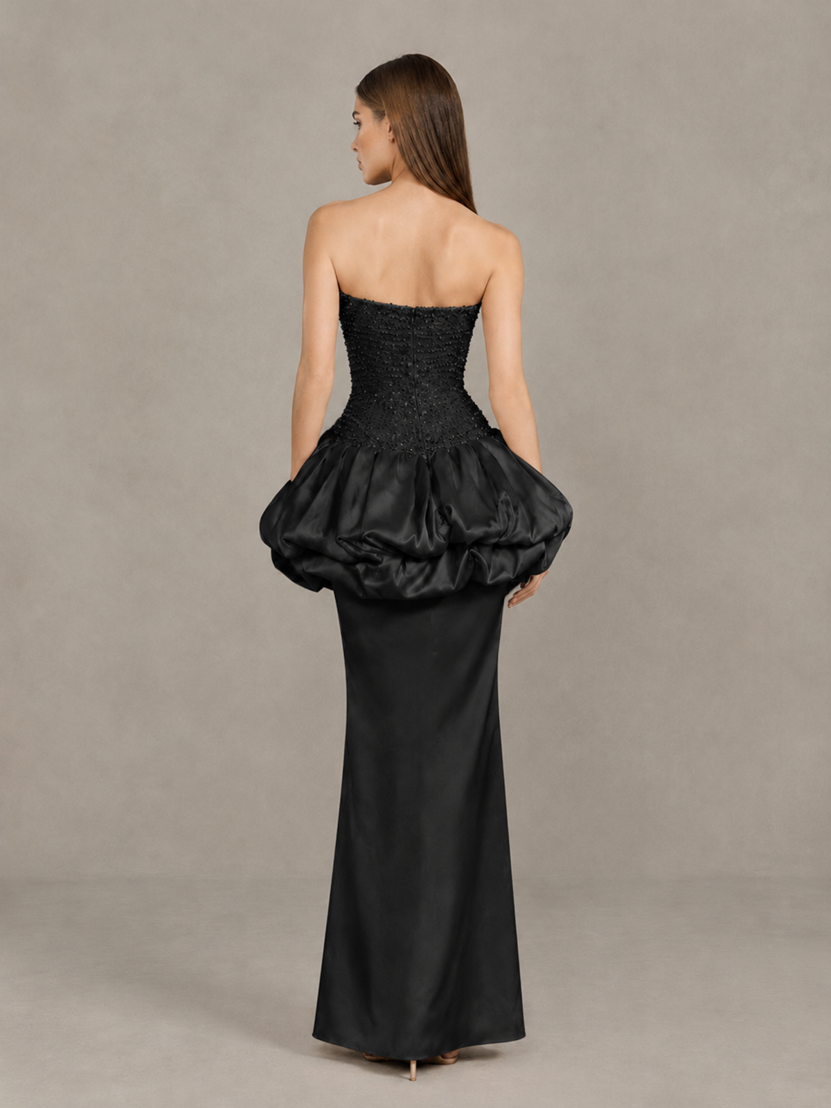 BOLODOO Black Strapless Embellished Bubble Peplum Evening Dress - Black - Black (2)