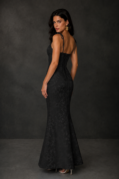 BOLODOO Black Scoop Neck Tie Strap Lace-Up Back Floral Jacquard Mermaid Maxi Dress - Black